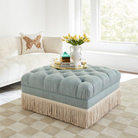 muse butterfly throw pillow baxter ottoman with bullion fringe - styled view