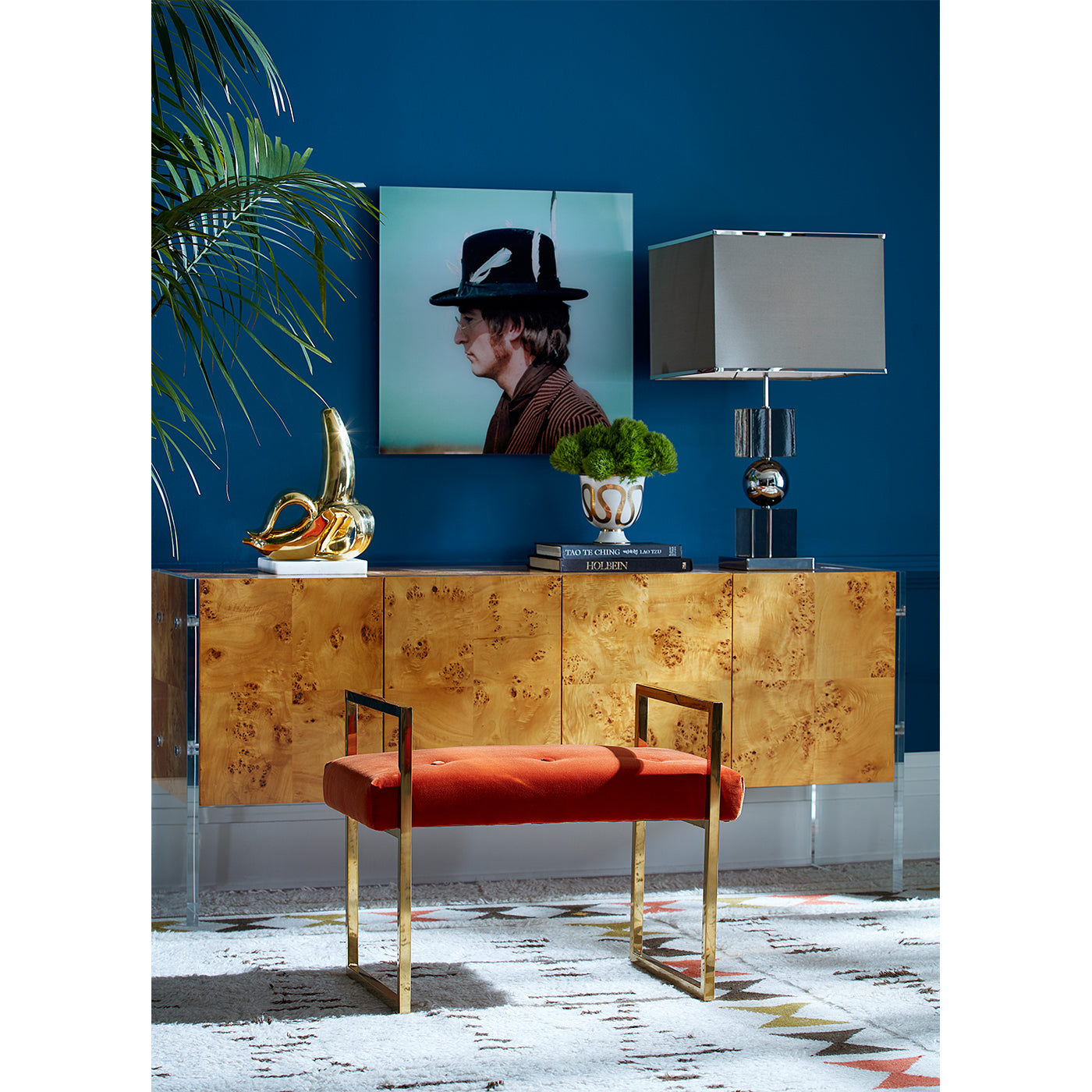 beaumont bench varese persimmon bond credenza vignette - styled view