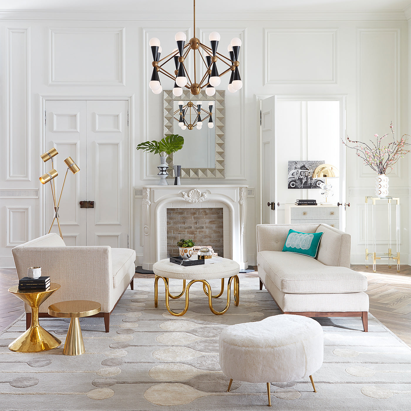 talitha mirror danner chaises scalinatella ottoman caracas sixteen-light chandelier - styled view