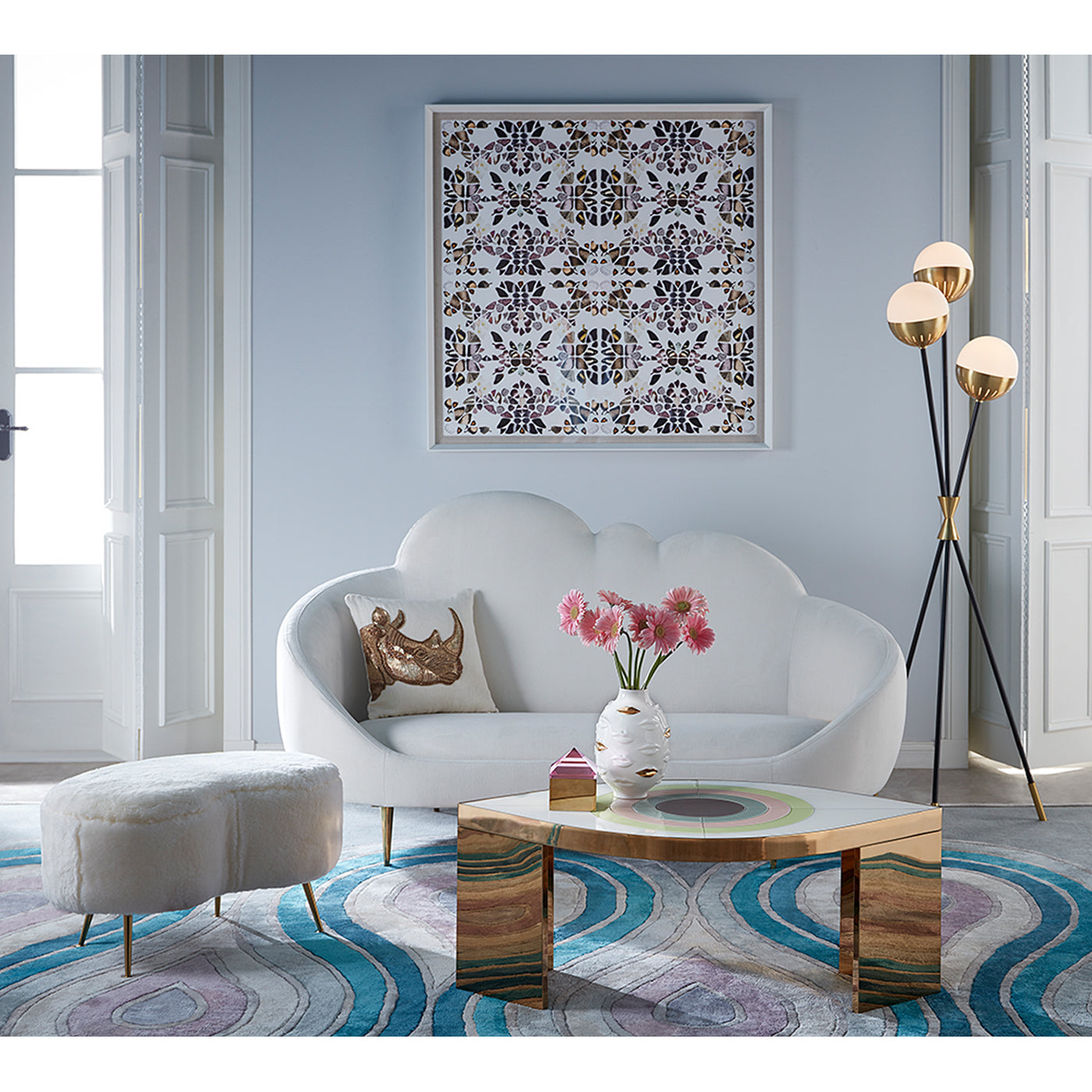 kidney ottoman shearling ether cloud sofa harlequin eye cocktail table living room - styled view