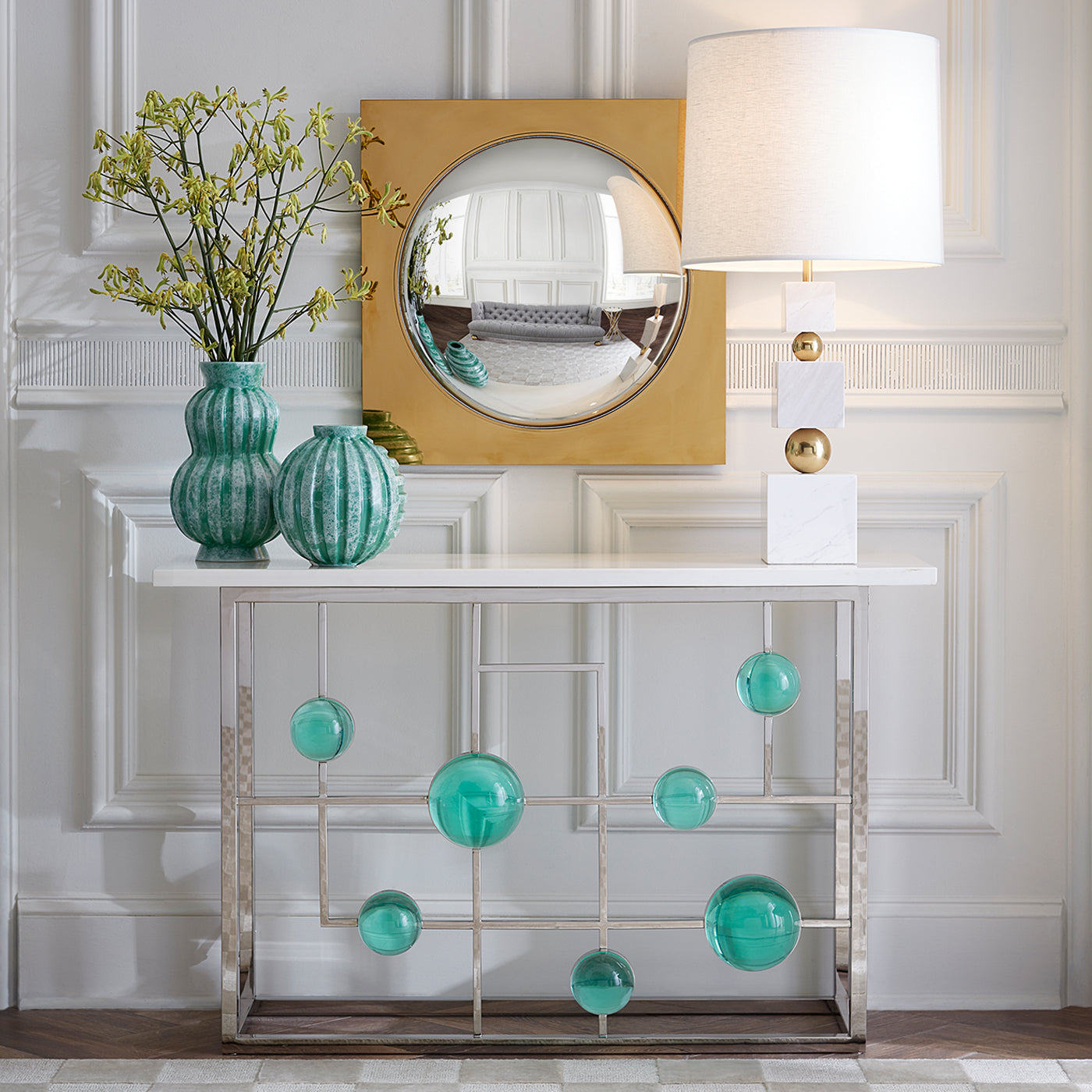 Totem Table Lamp next to ivory sofa in living room