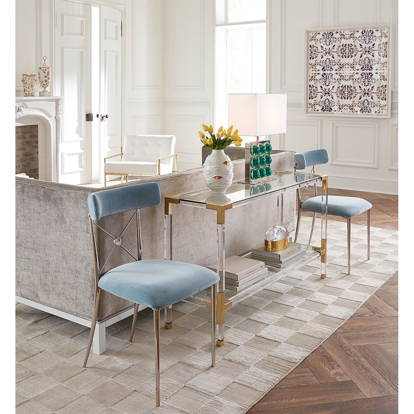 jacques console brass x-bench cheval table lamps paule marrot butterfly blue print vignette - styled view