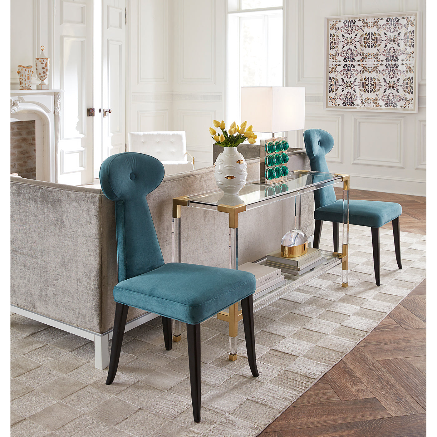jacques console brass rider dining chairs globo square table lamp living room - styled view