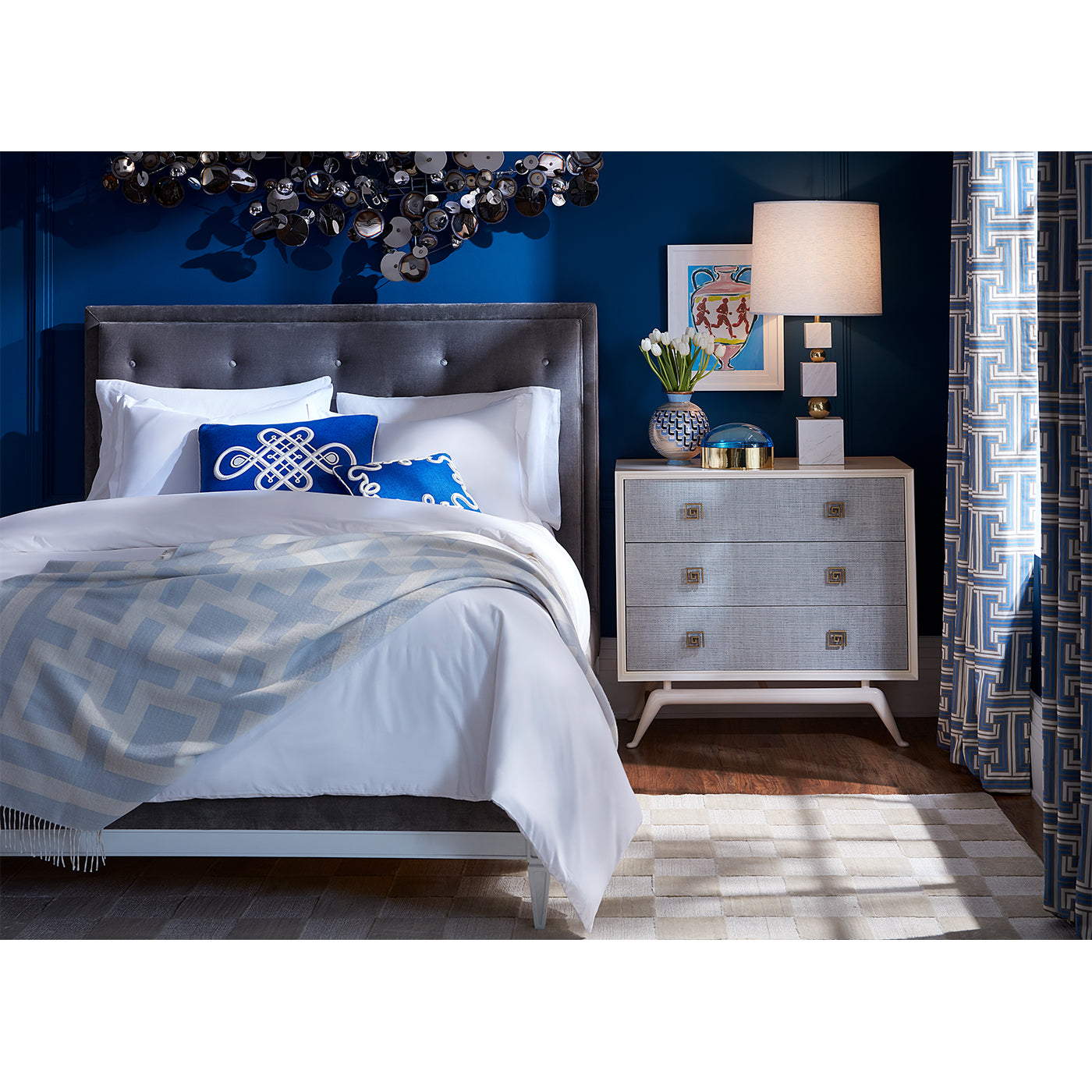 lampert king bed totem table lamp siam three-drawer chest bedroom - styled view