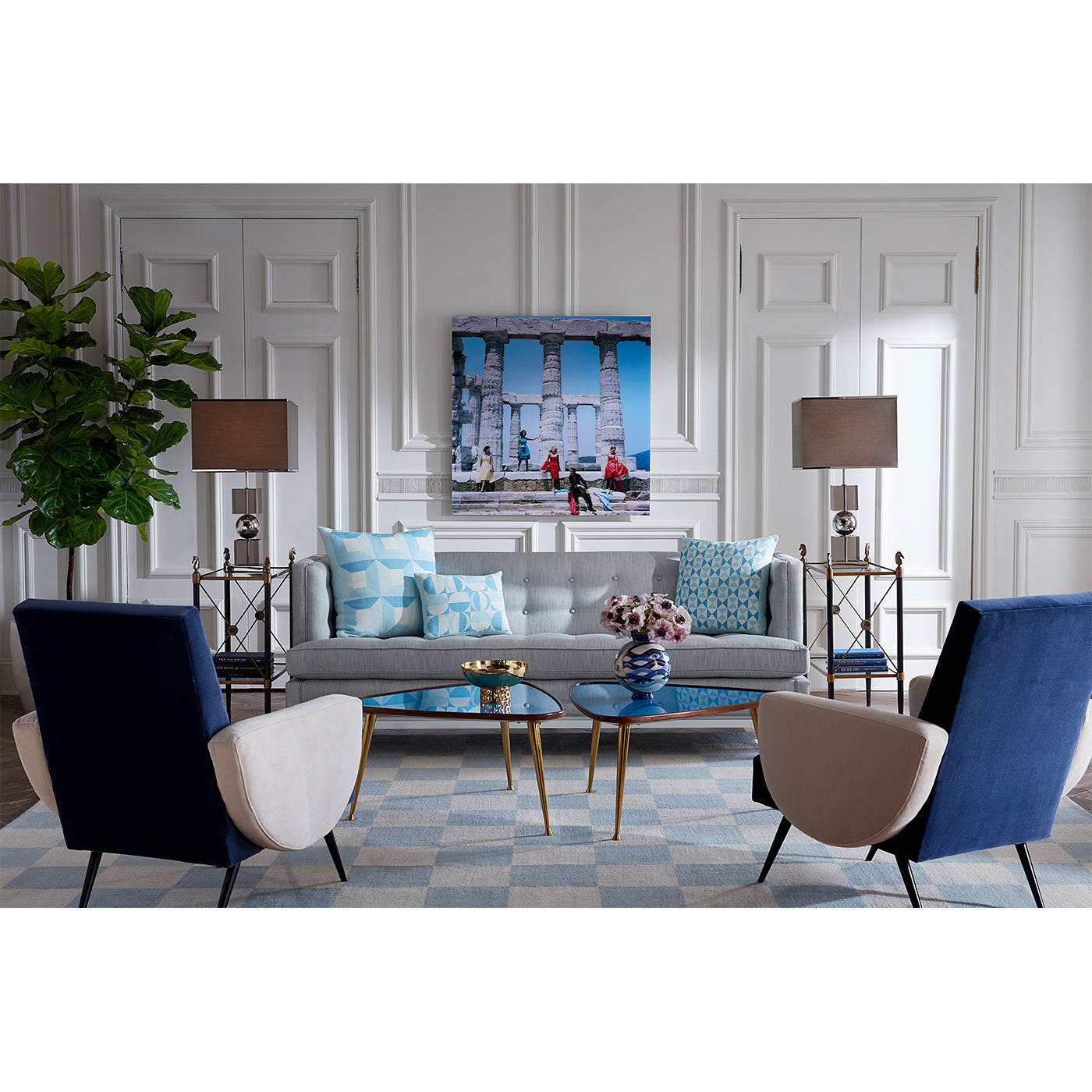 large scale checkerboard flat weave rug - styled view