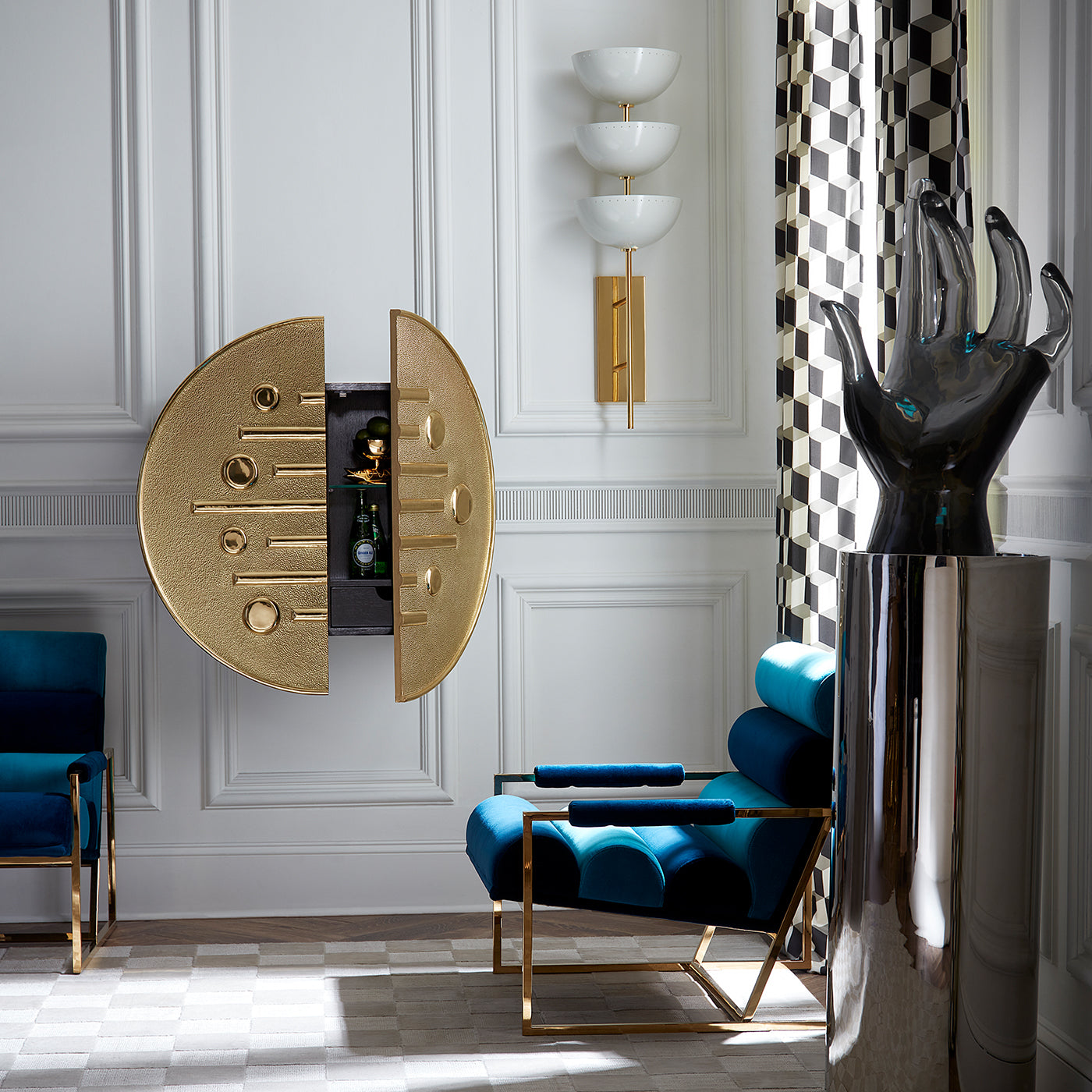 alphaville pedestal channeled goldfinger lounge chair reform bar - styled view