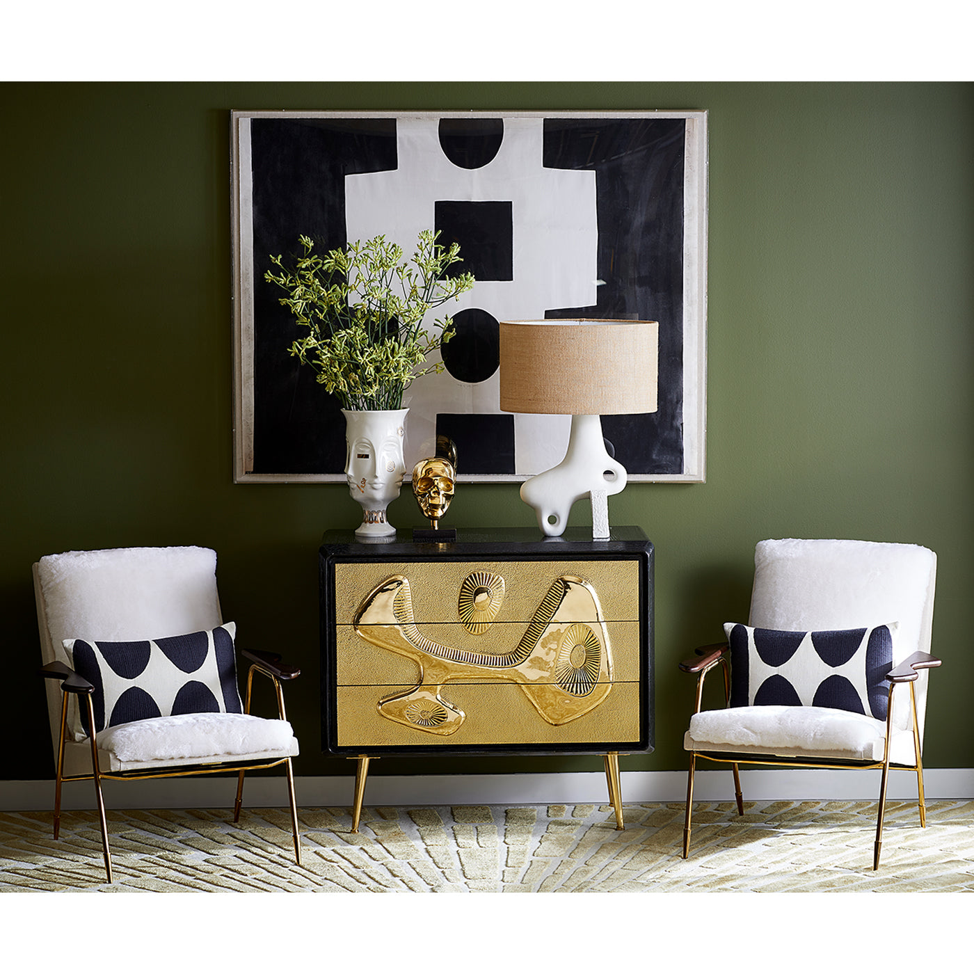 gilded dora maar urn with flowers reform three-drawer chest ingmar chairs - styled view