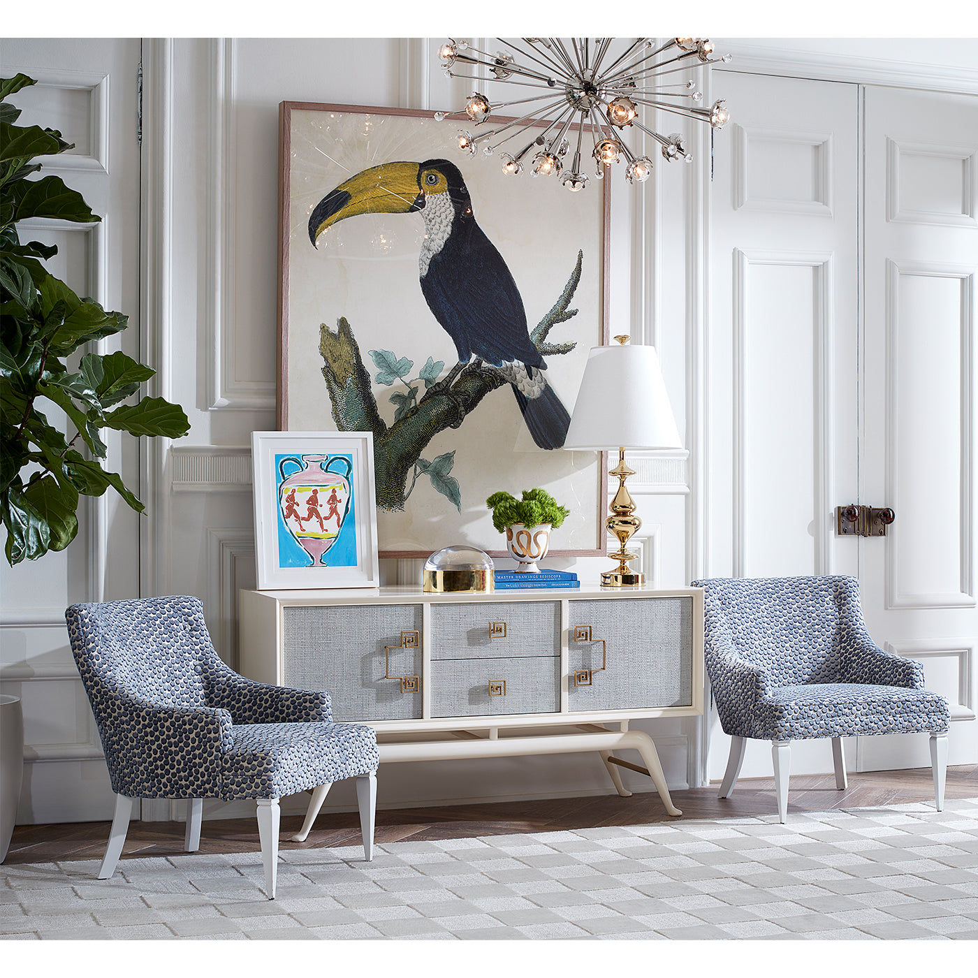sputnik chandelier siam credenza haines chairs - styled view