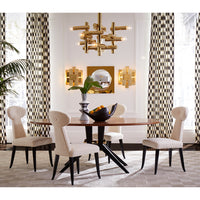 milano kinetic chandelier brass parker curved sofa ripple round travertine cocktail table talitha mirror living room - styled view