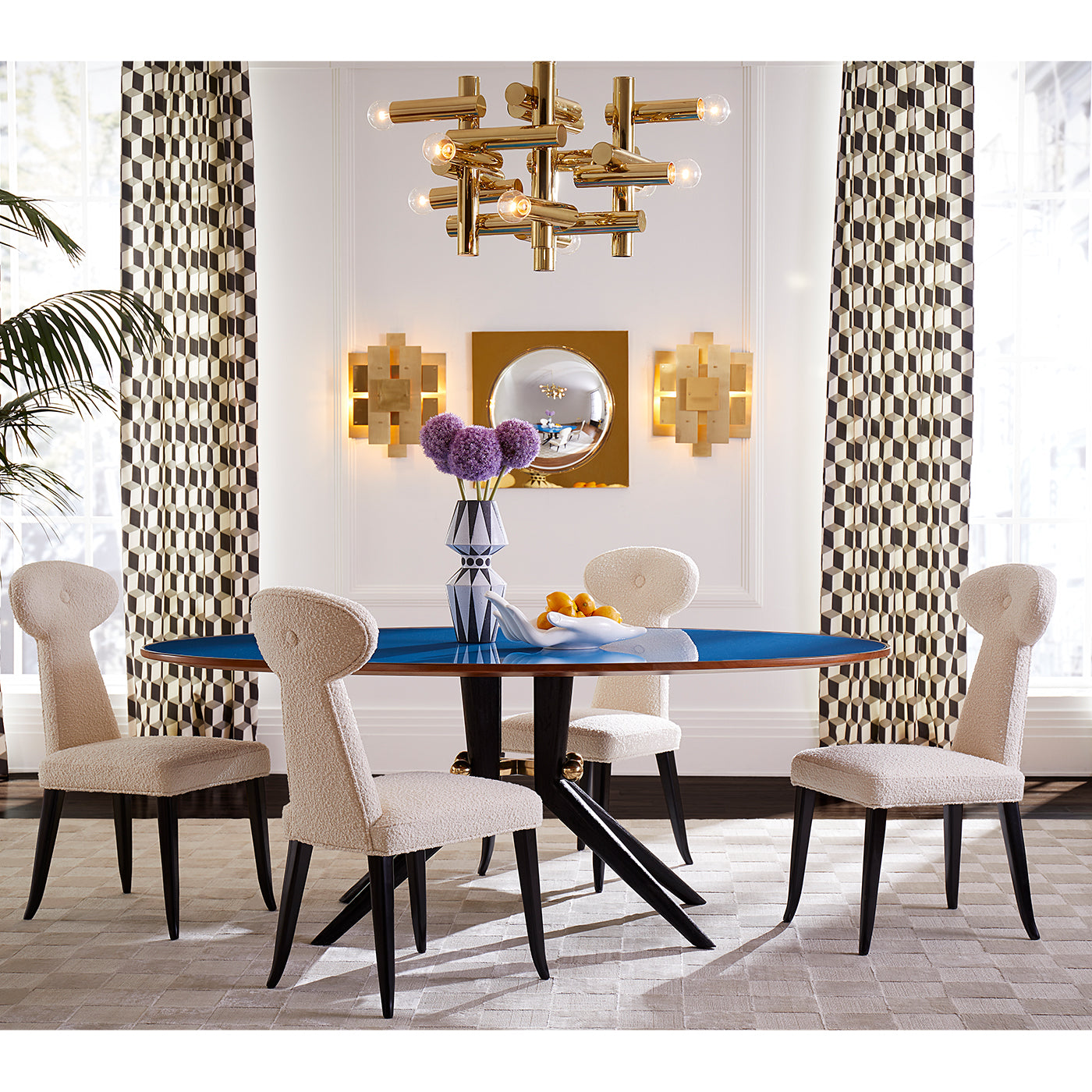 milano kinetic chandelier trocadero dining table mahogany vera dining chairs - styled view