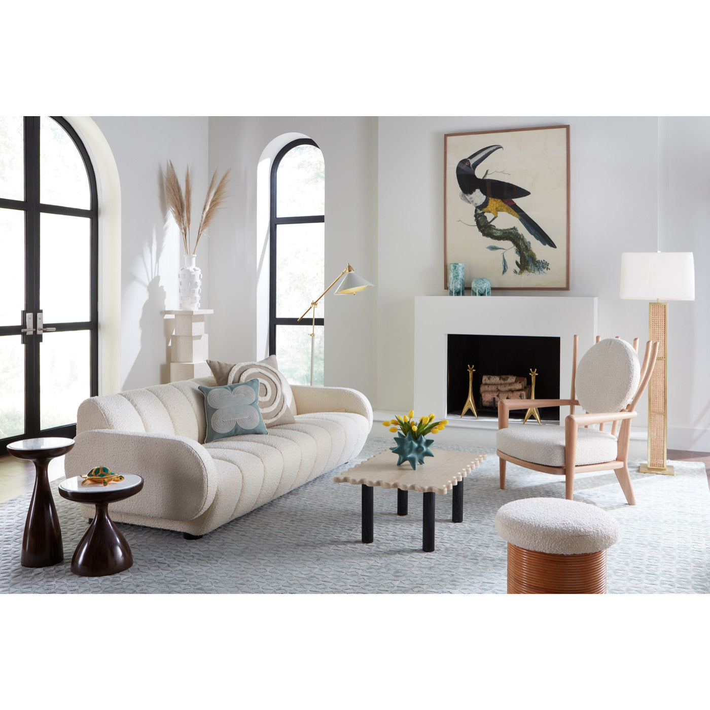 brass giraffe andirons brigitte sofa voltair chair - styled view