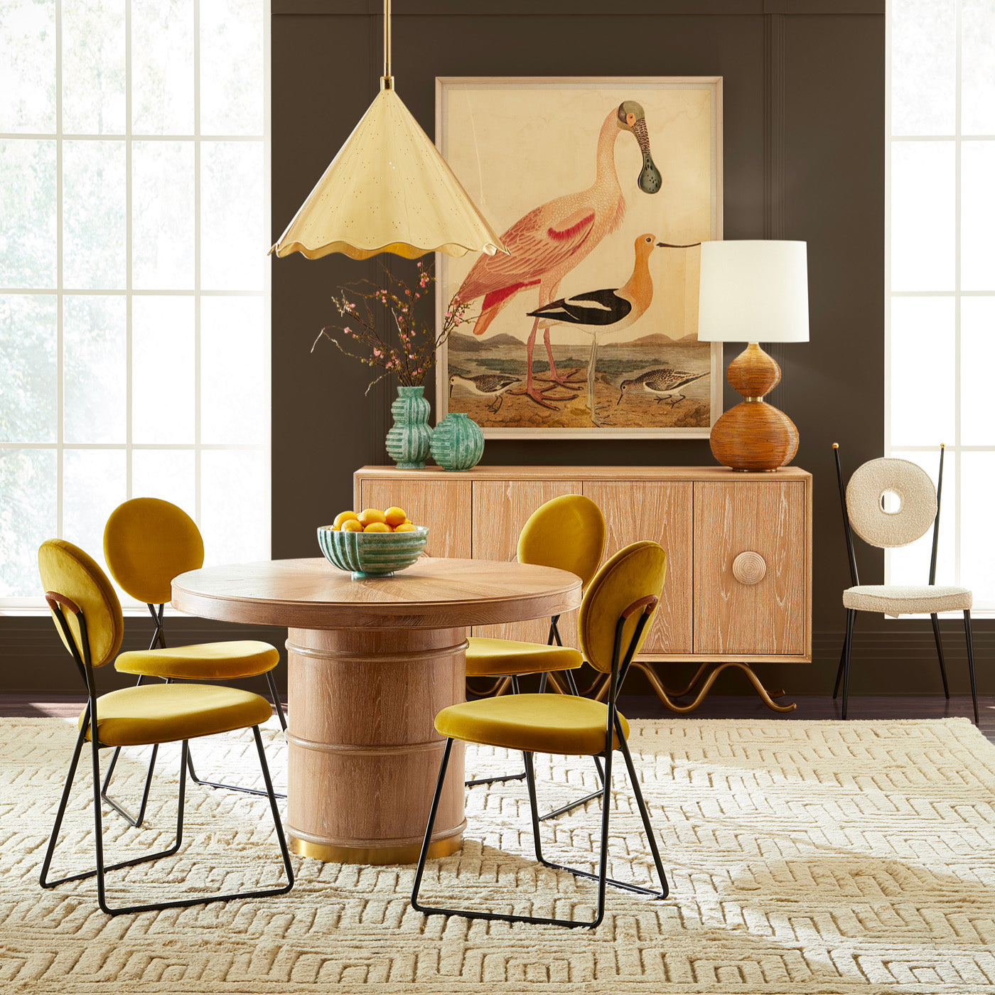 warnicke spoonbill print brussels dining table caprice dining chairs - styled view