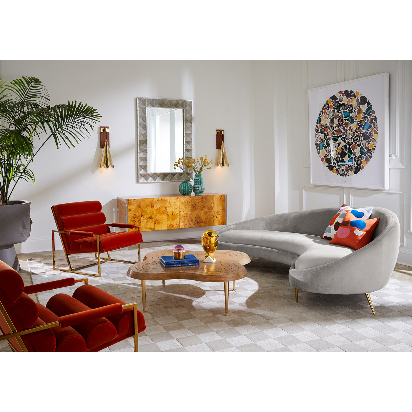 channeled goldfinger chairs ether curved sofa trocadero clover cocktail table - styled view