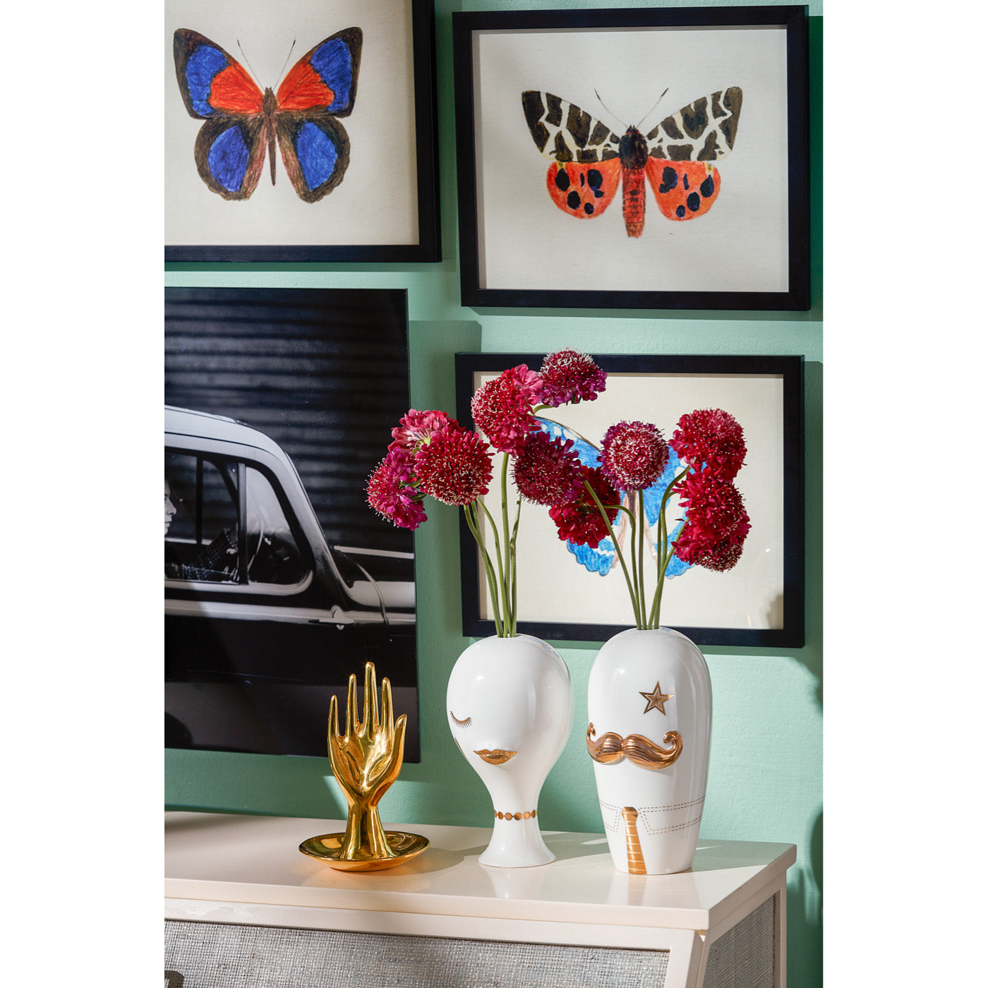 brass hand ring holder gilded misia and salvador vases - styled view
