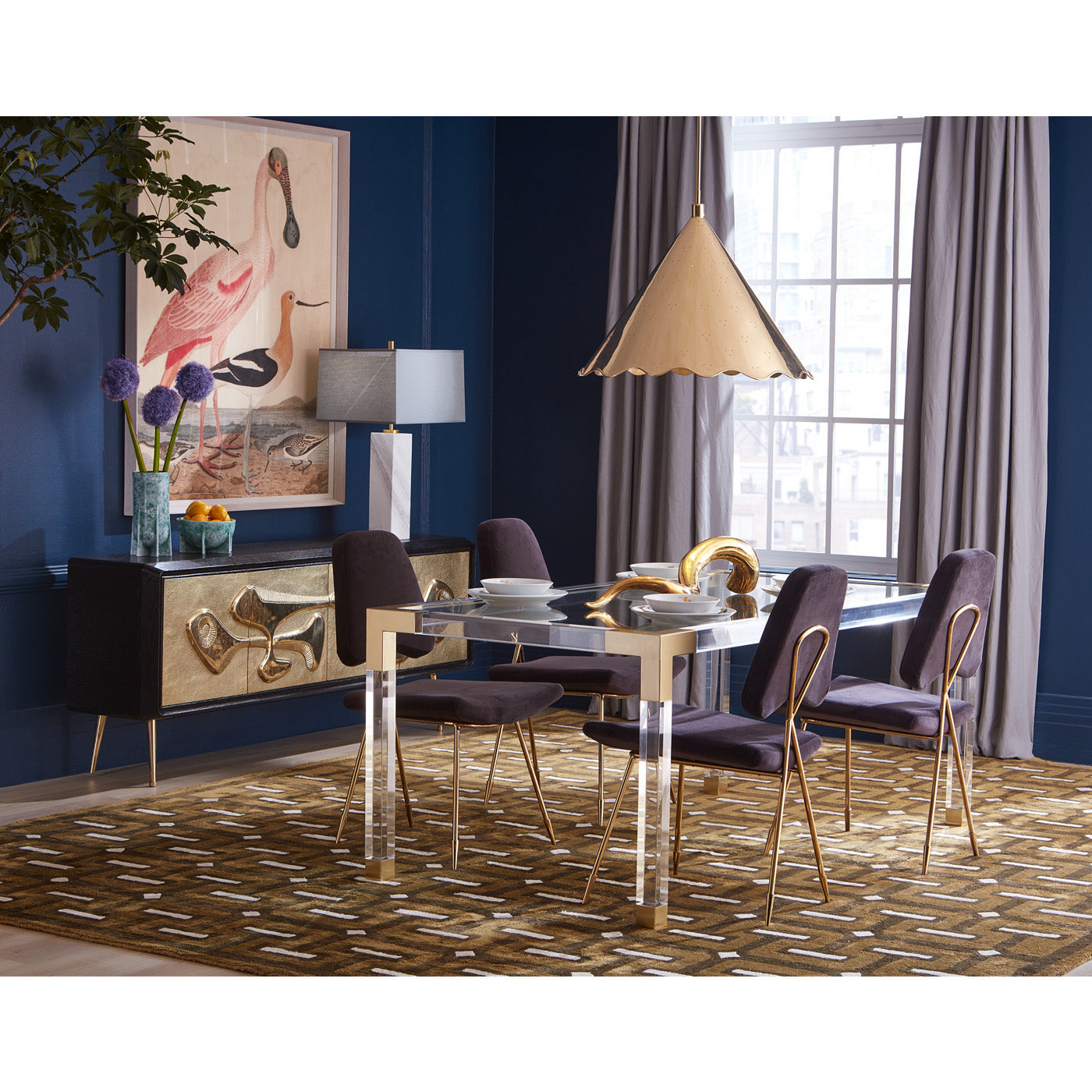 warnicke spoonbill print jacques dining table maxime dining chairs - styled view