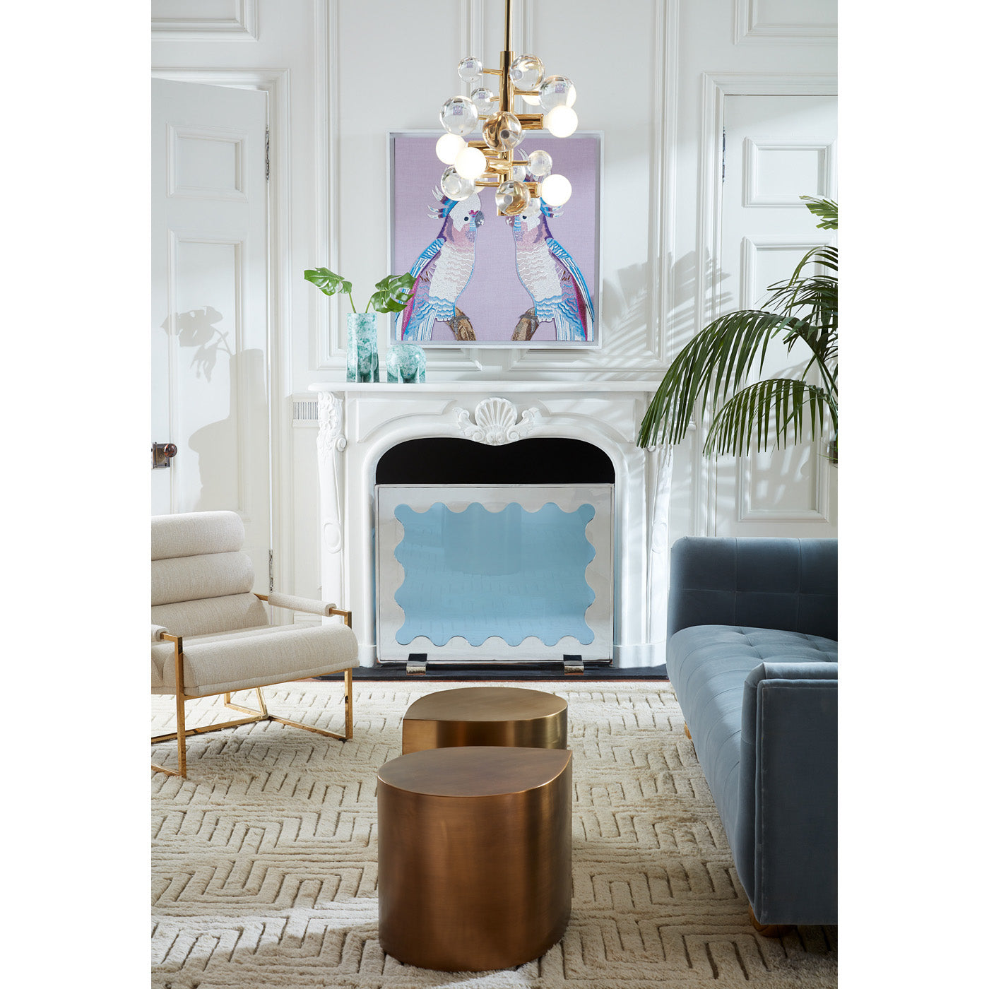 globo five light chandelier clear parrot beaded wall art ripple fire screen brass teardrop tables - styled view