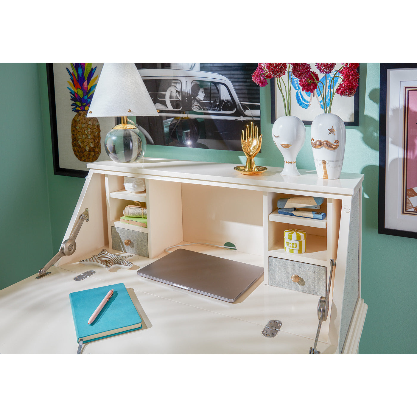 brass hand ring holder siam secretary desk - styled view