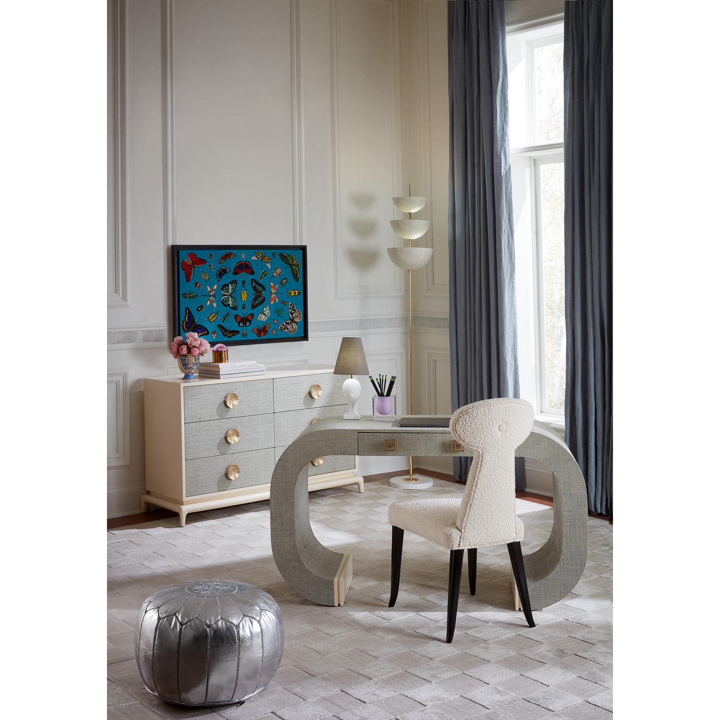 lisbon torchiere siam waterfall console desk vera dining chair - styled view