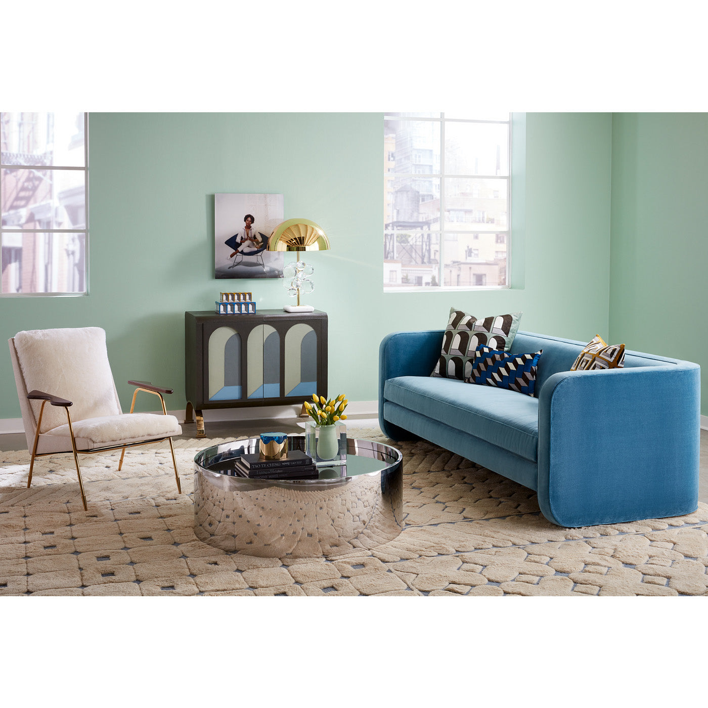 sunset sofa varese azure blue velvet - angle view