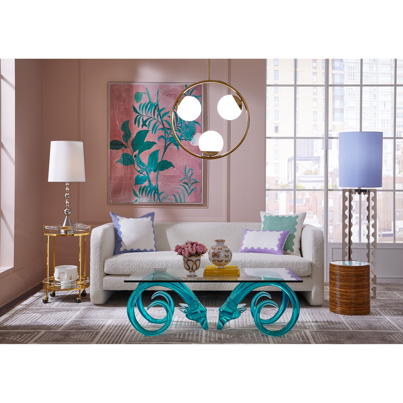 blocks hand knotted rug champagne suset sofa aries cocktail table - styled view