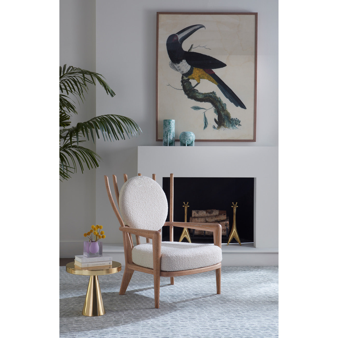 brass giraffe andirons voltair chair - styled view