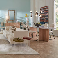 brass turtle acrylic dot tables baxter t arm sofa - styled view