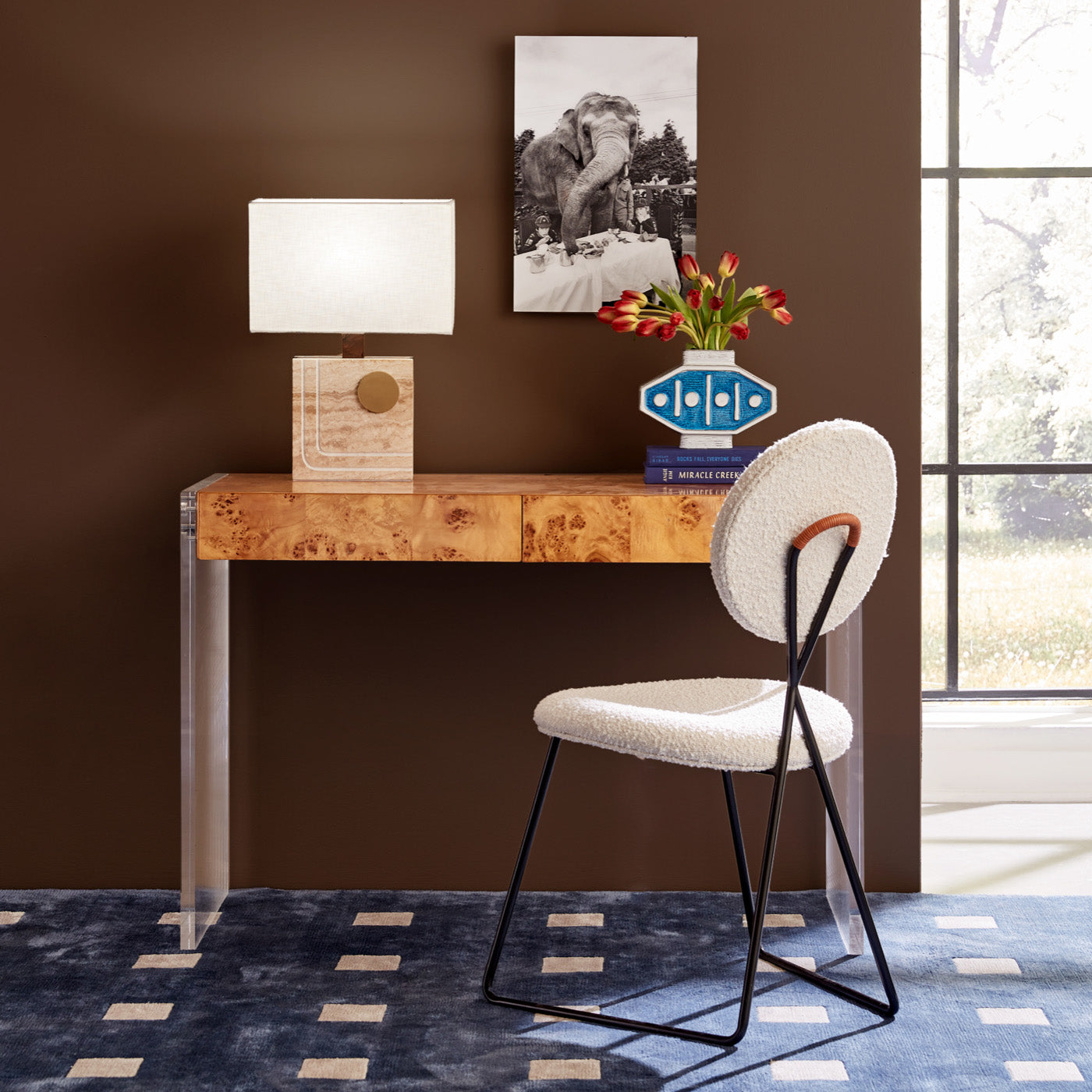 small squares hand knotted rug bond desk caprice dining chair - styled view