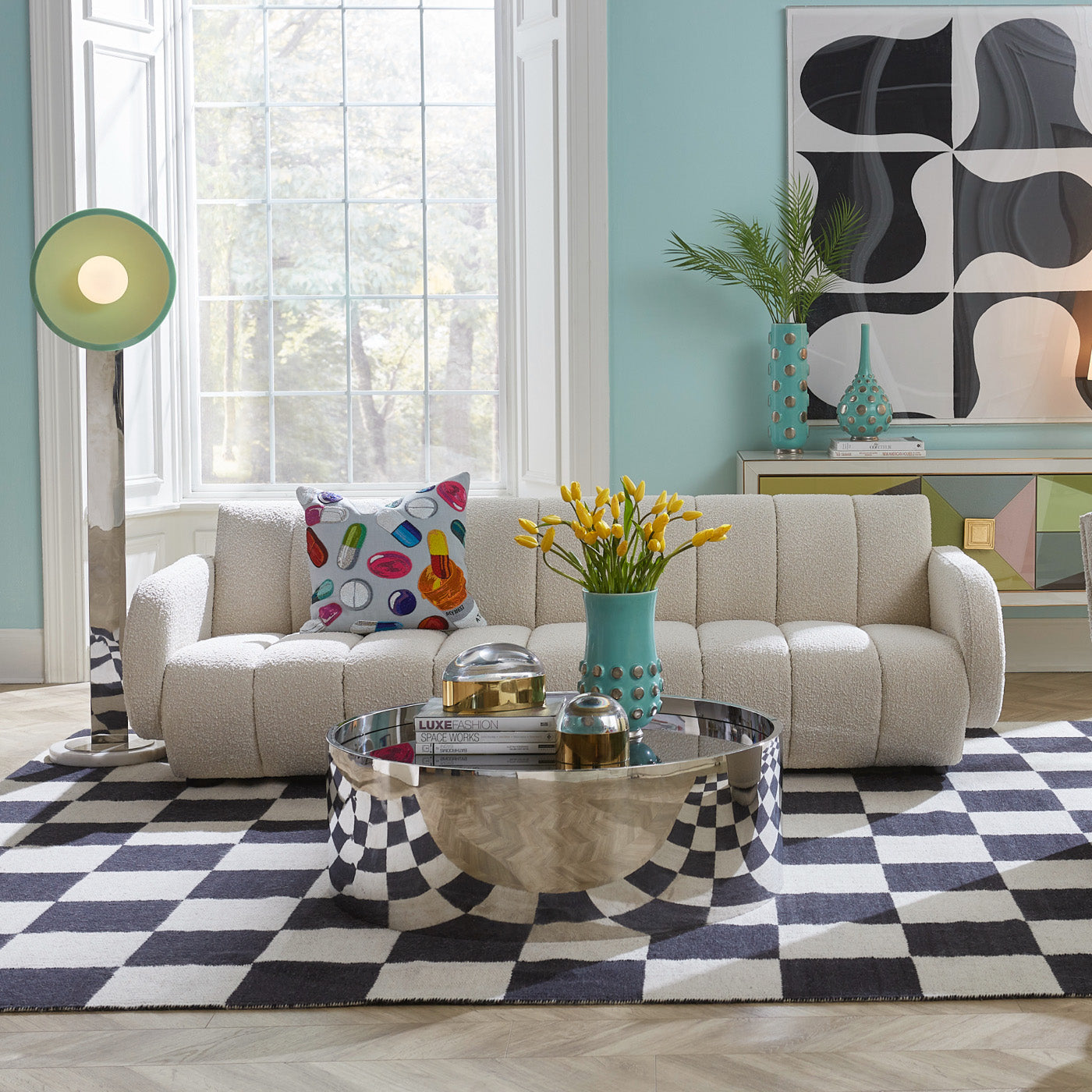 brigitte sofa happy pills pillow alphaville cocktail table large scale checkerboard rug living room - styled view