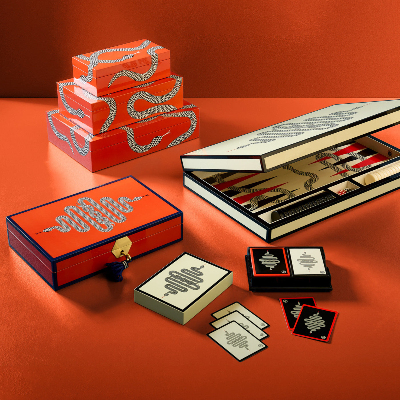 eden jewelry box snake lacquer orange navy - styled view