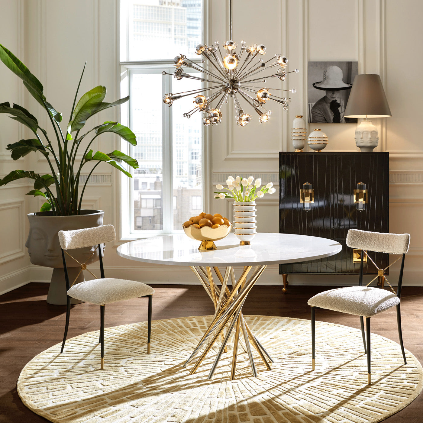 sunburst hand-knotted round rug wool gold - styled view