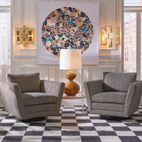 sebastian swivel chair brighton linen hans barbell table - styled view
