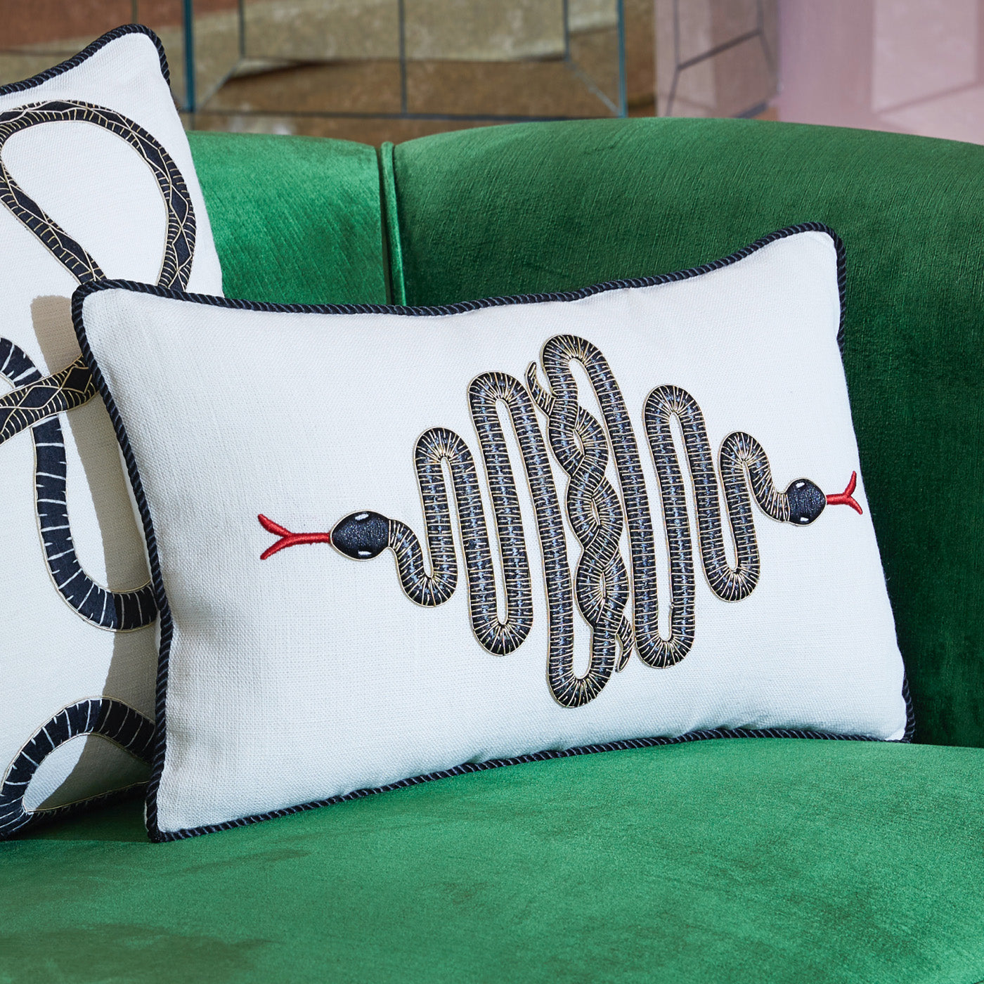 snake embroidered pillow black and white styled view