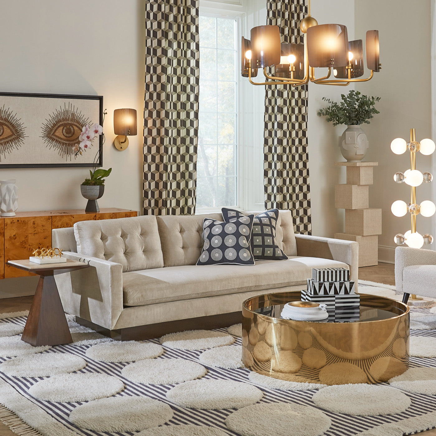 alphaville cocktail table honed brass - styled view