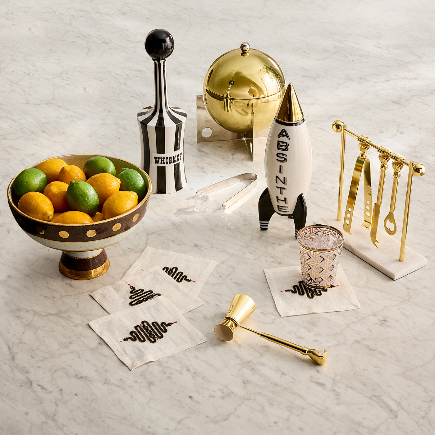 barbell brass bar set with basketweave glassware