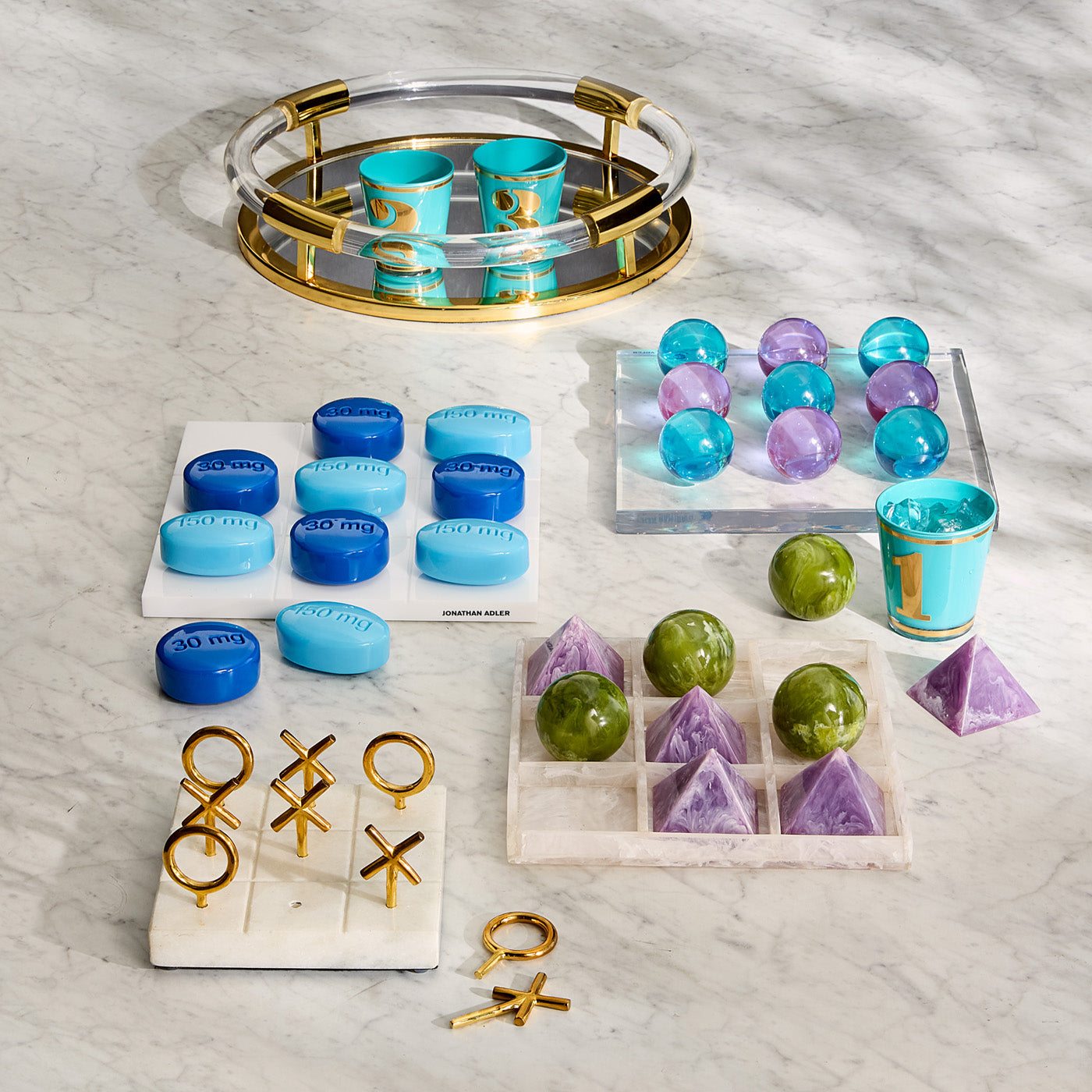 jacques round tray clear acrylic brass with games