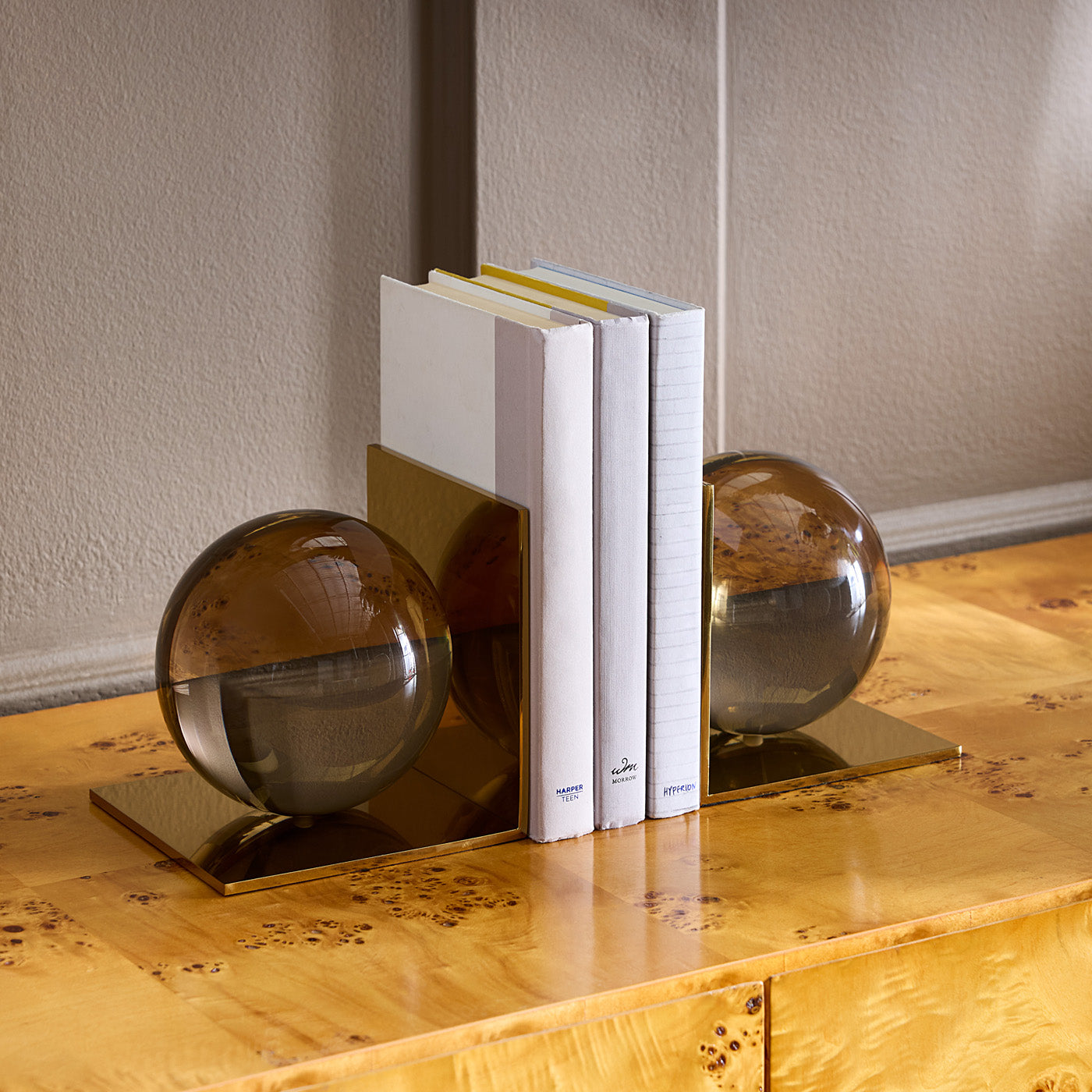 globo bookend acrylic green globes base brass - angle view