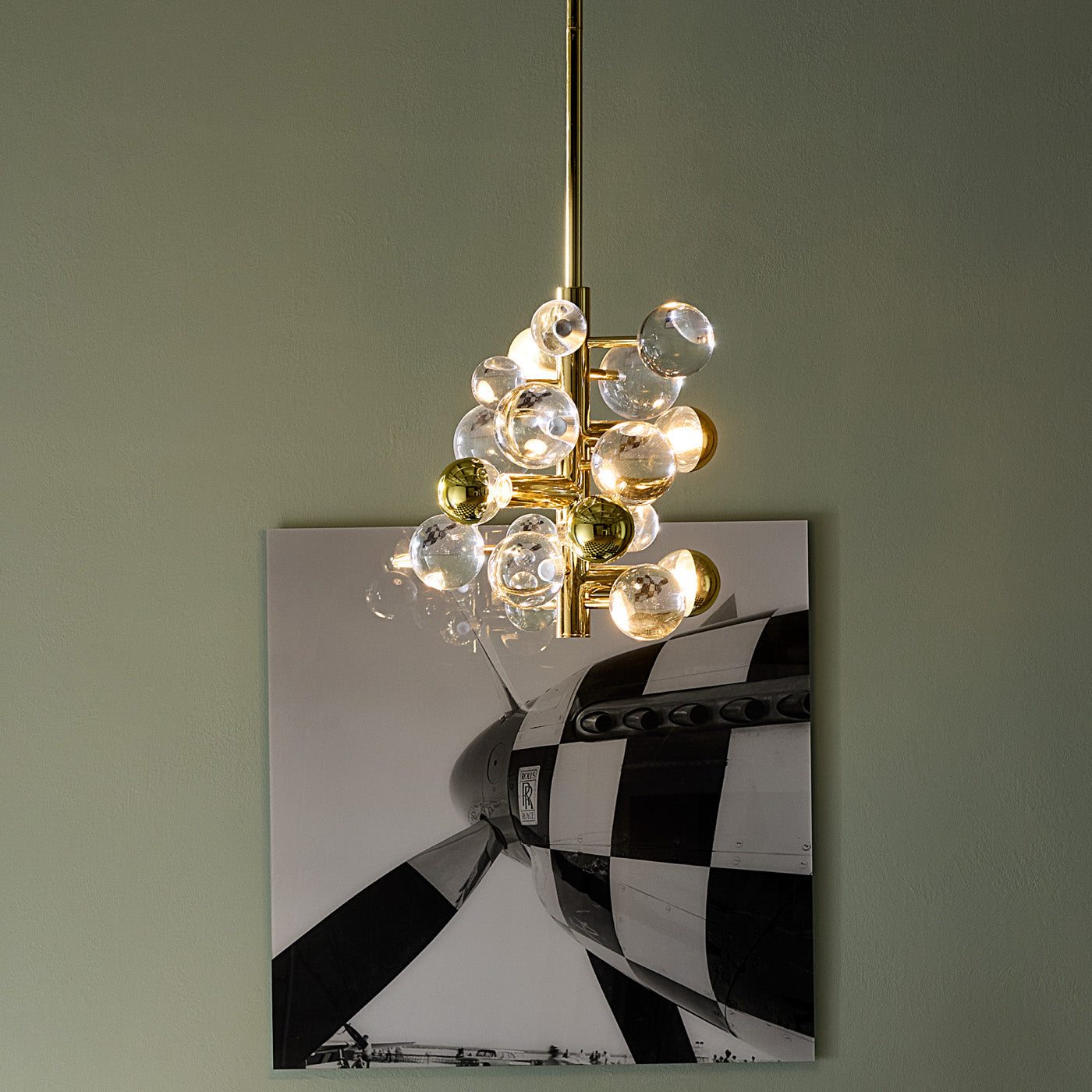 globo five-light chandelier acrylic brass fall shot