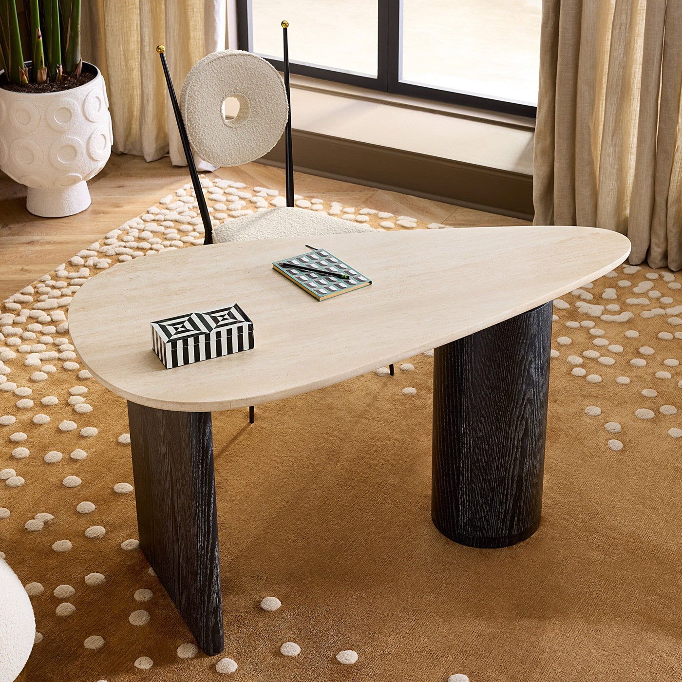 Osaka Disc Concrete Planter with Oeuf Travertine Desk