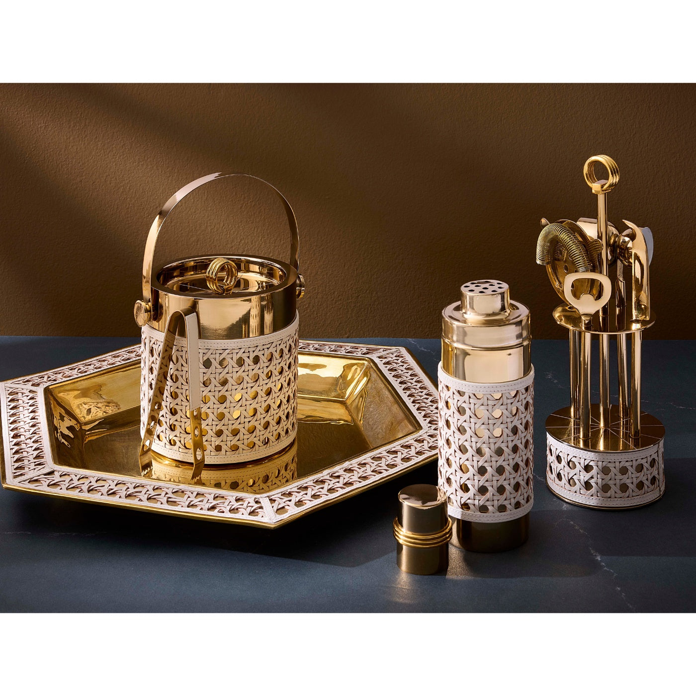 Basketweave Barware Set with Trocadero Bar Cart - styled view