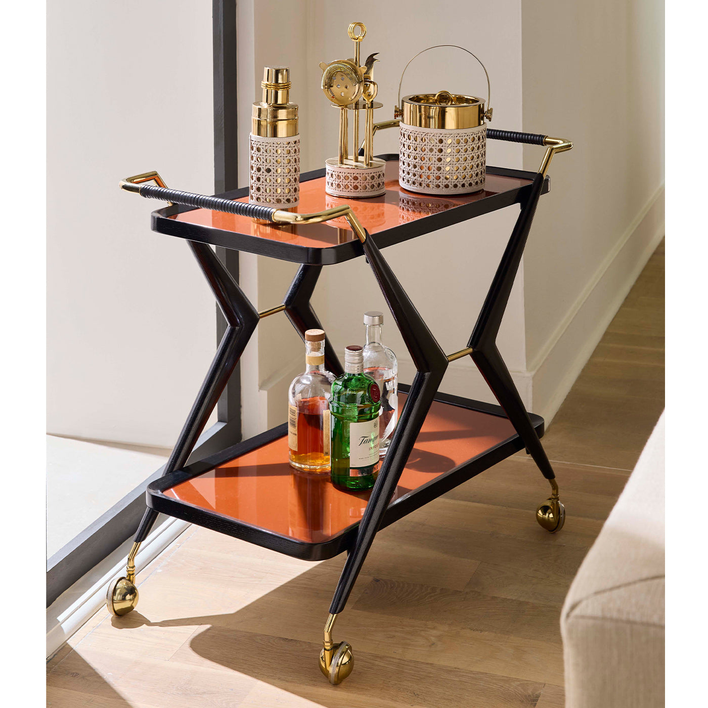 Basketweave Ice Bucket with Trocadero Bar Set - opened view