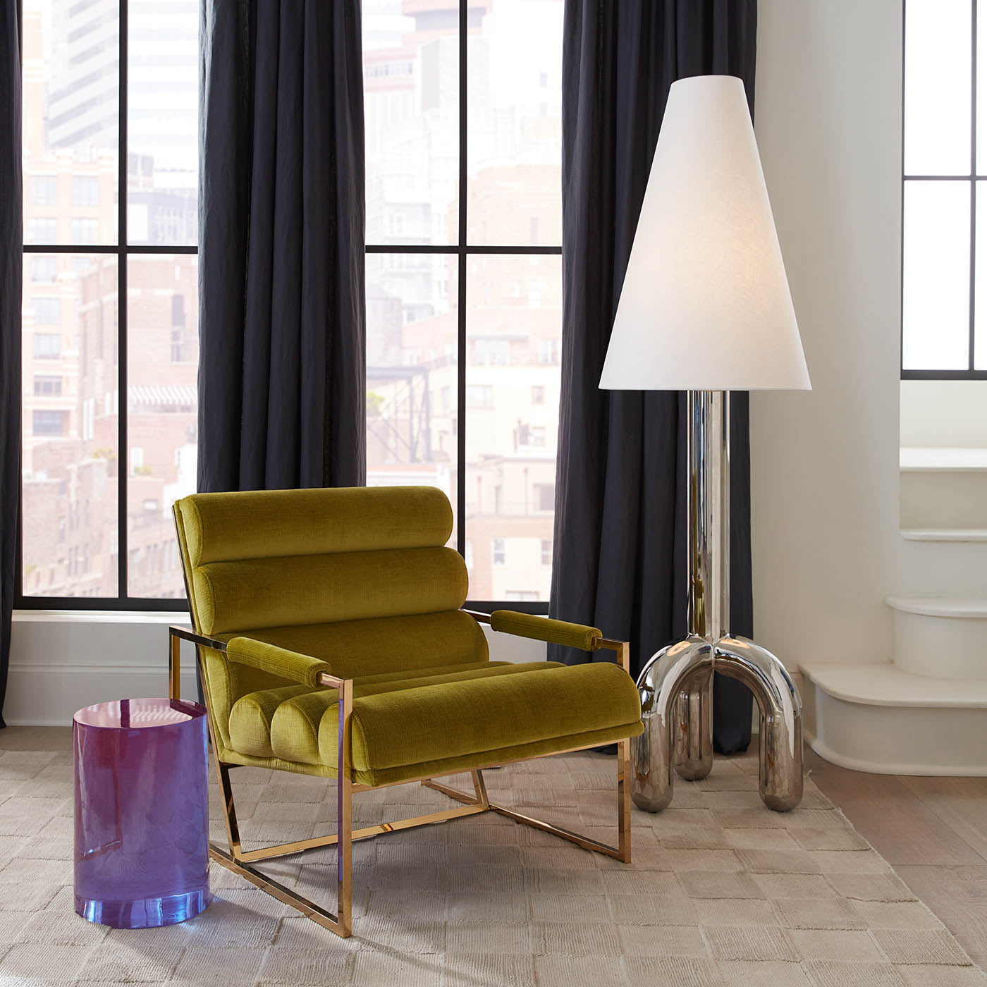 channeled goldfinger lounge chair belfast stone petal beaded pillow canaan accent table - styled view