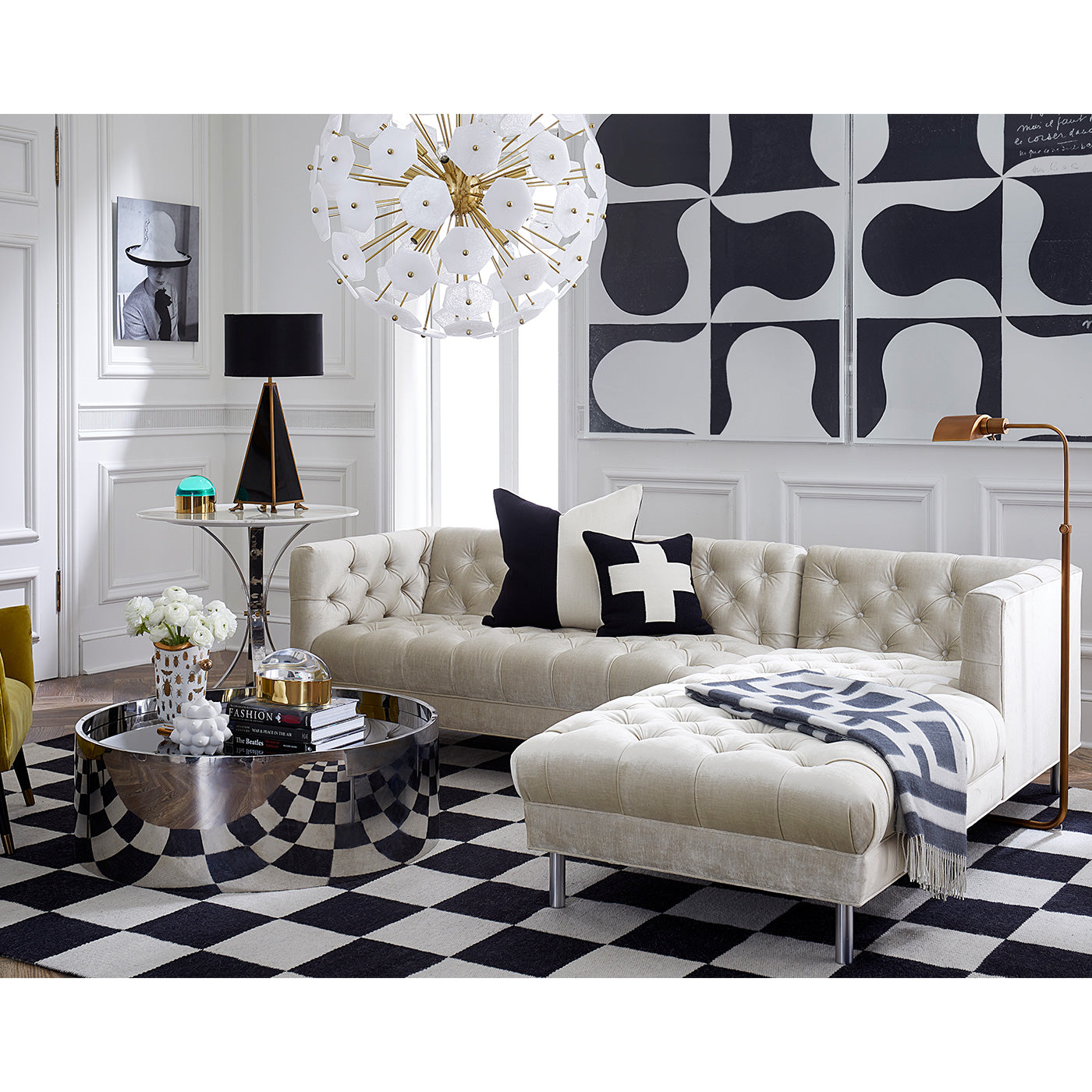 Paule Marrot Black and White Abstract Series 1 with Claridge Sofa Navy