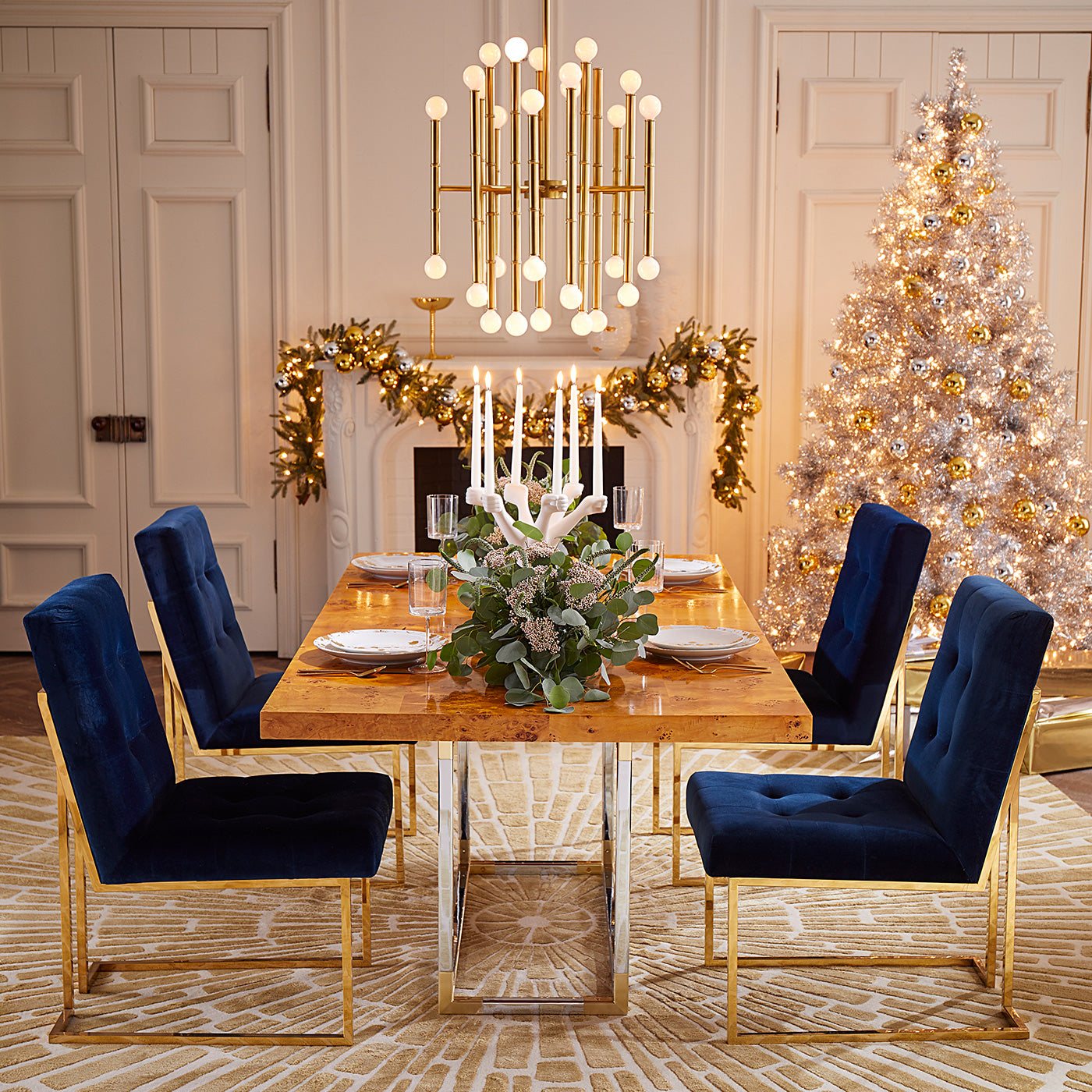 eve candelabra bond dining table goldfinger dining chairs christmas tree - styled view