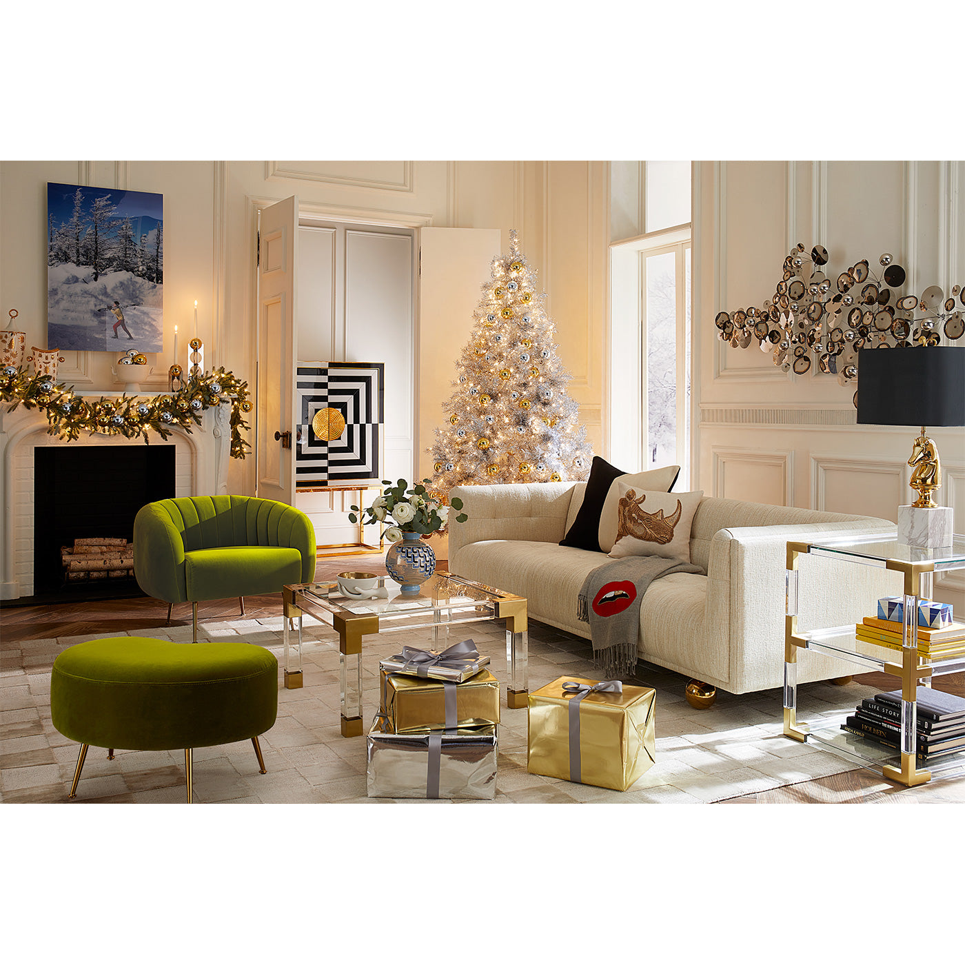 slim aarons "skier in vermont" photograph christmas living room - styled view