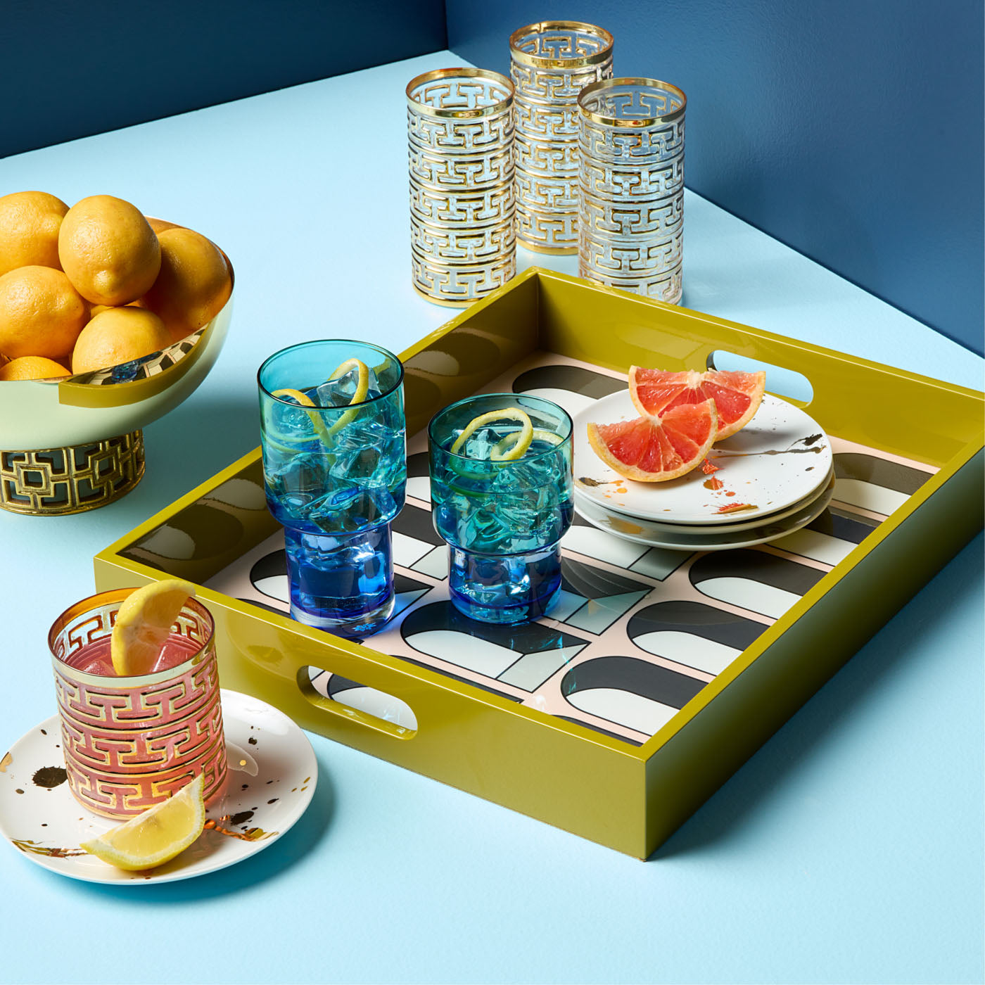 1948 canape plate set arcade lacquer tray stockholm glasses - styled view