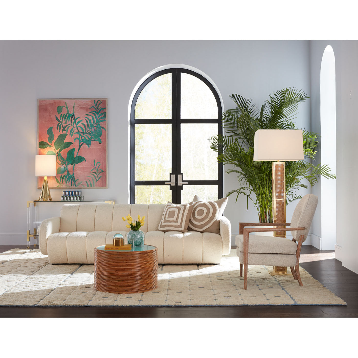bellport floor lamp brigitte sofa riviera cocktail table - styled view
