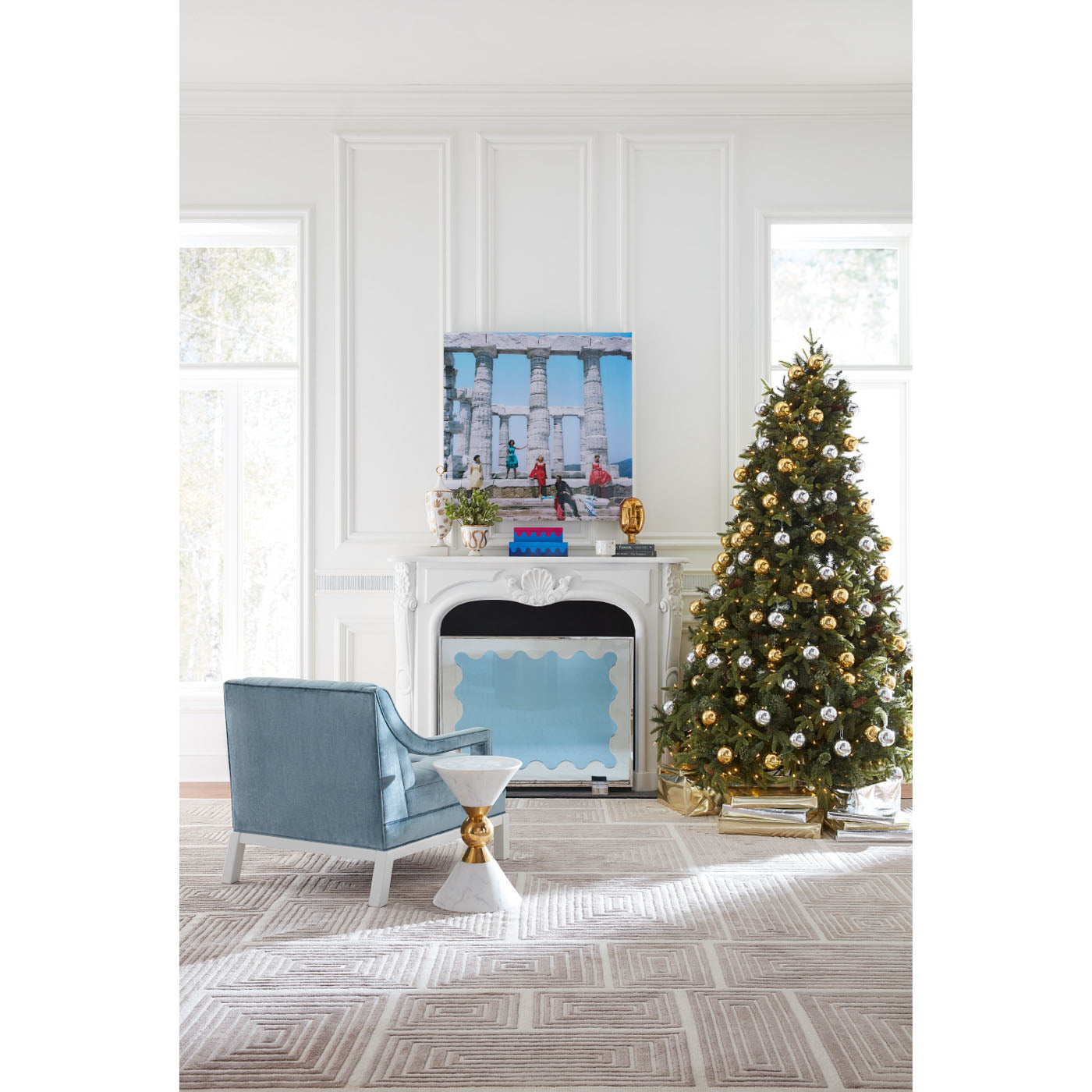 blocks hand-knotted rug doris chair ripple fire screen christmas - styled view