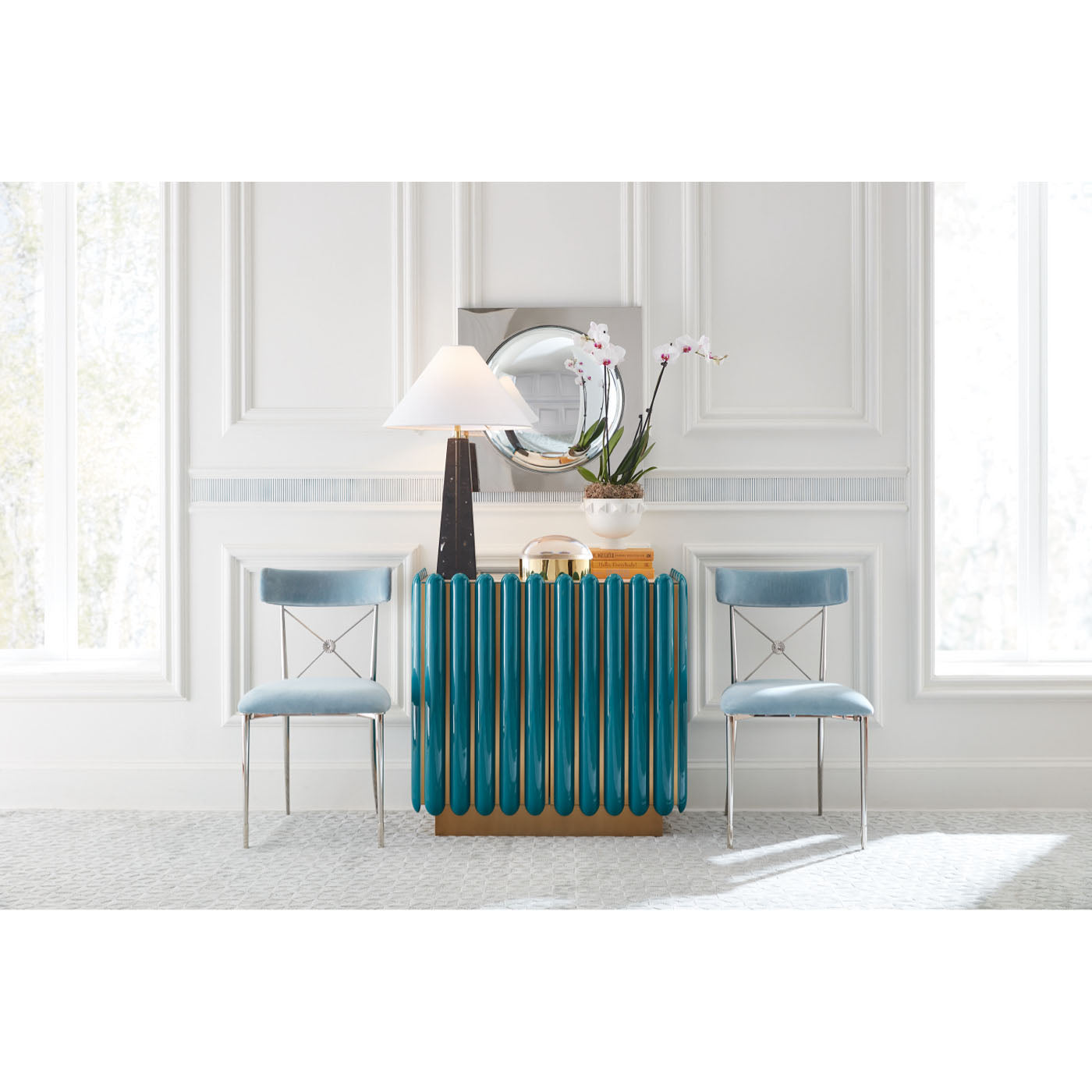 charade bowl kiki cabinet globo convex mirror - styled view