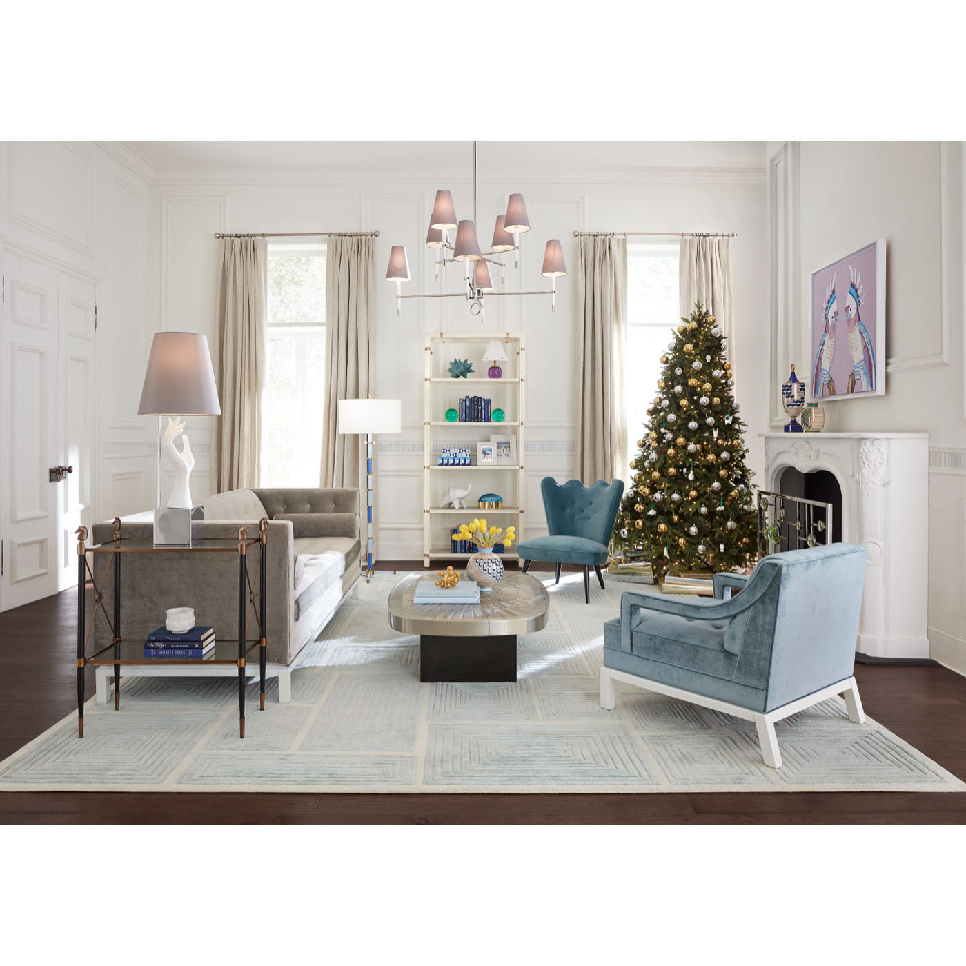 blocks hand-knotted rug lampert sofa talitha starburst cocktail table doris chair christmas - styled view