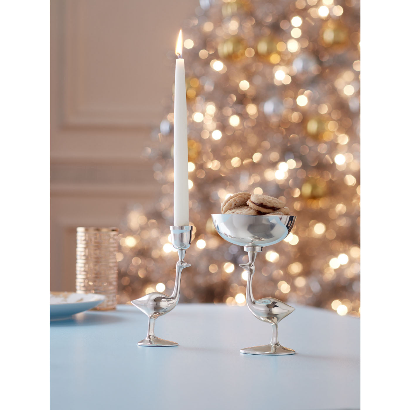 silver-plated ostrich candle holder and bowl - styled view
